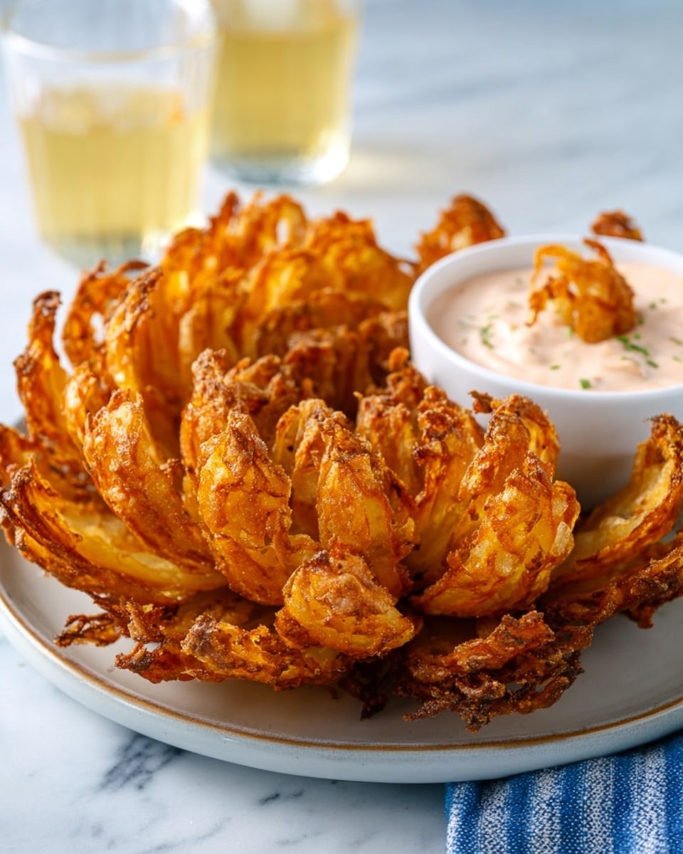 A round white plate holds a blooming fried onion with many crispy golden-brown petals spread out like a flower. The center of the onion is thicker and more clustered, while the petals are long and textured with light ridges, all showing a crunchy fried coating in warm orange and brown colors. To the top right of the plate, there is a small white bowl filled with a creamy light pink dipping sauce, with one petal dipped into it. The plate sits on a wooden board over a white marbled surface. At the top left of the image, there are two clear glasses filled with light amber beer topped with foamy white heads. A folded blue and white striped napkin is placed on the white marbled surface next to the bowl. Photo taken with an iphone --ar 4:5 --v 7
