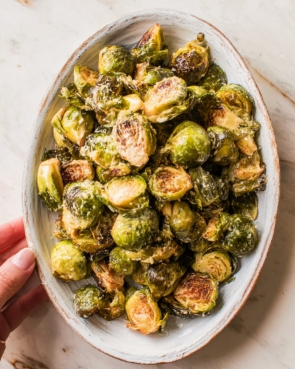 The image shows a white oval plate filled with cooked Brussels sprouts. The Brussels sprouts are roasted to a golden brown on some edges with a mix of green and light brown colors. They appear slightly shiny, suggesting a light coating of oil or seasoning. Some Brussels sprouts are whole, while others are split in half, showing a soft inner texture. The plate is placed on a white marbled surface, giving a clean and simple background. A woman's hand is holding the side of the plate. Photo taken with an iphone --ar 4:5 --v 7