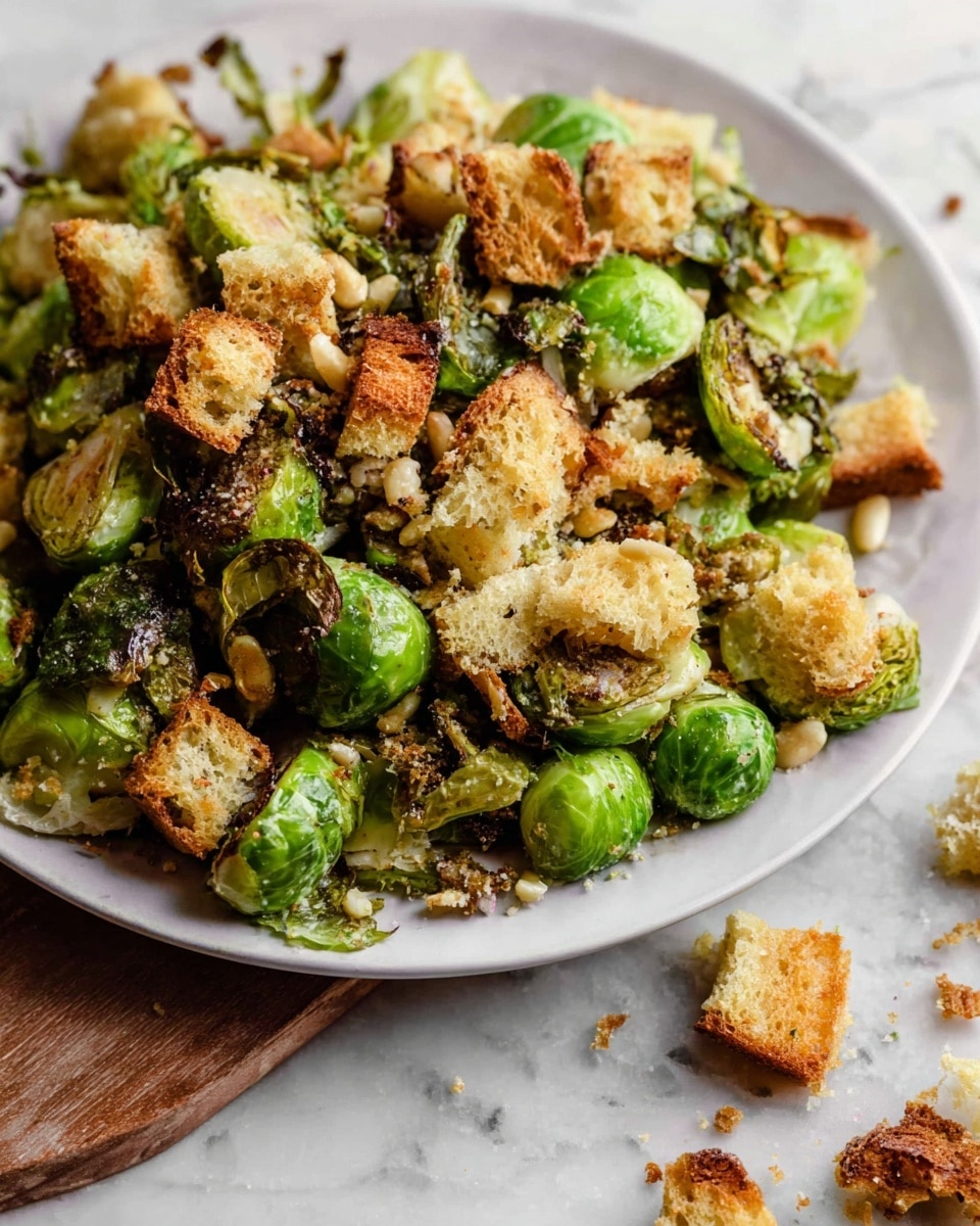 The image shows a white plate filled with cooked Brussels sprouts that are green with some browned, crispy edges. On top and mixed with the sprouts are golden brown toasted croutons that add a rough, crunchy texture. Some sunflower seeds are scattered throughout, adding small, smooth, light brown spots. The plate sits on a white marbled surface and some toasted croutons have fallen beside it. photo taken with an iphone --ar 4:5 --v 7