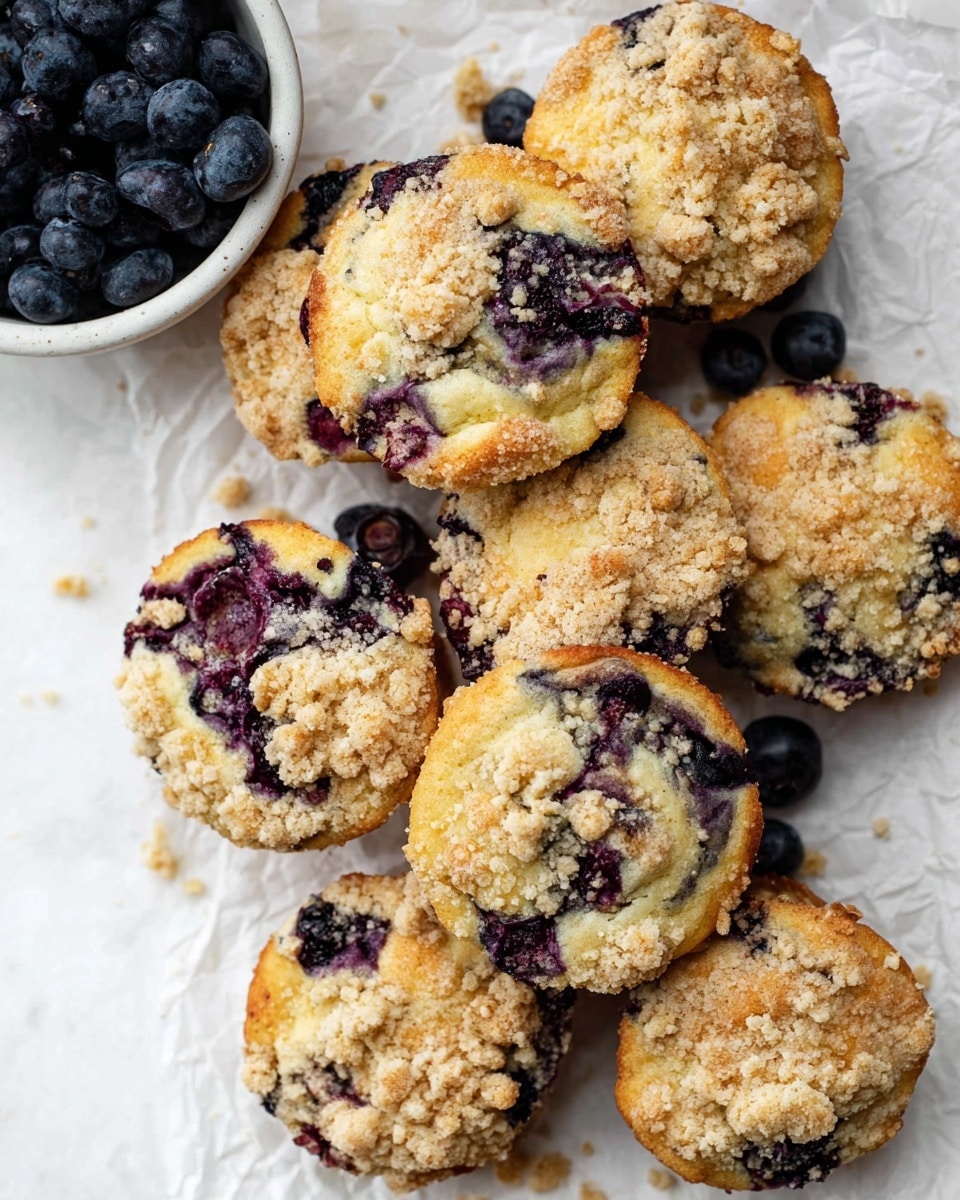 This image shows seven round blueberry muffins arranged loosely on a crinkled white parchment paper over a white marbled surface. Each muffin has a light golden-brown top sprinkled with crumbly streusel in pale beige, unevenly scattered with some clumps and some loose crumbs. The muffins have visible dark purple blueberries embedded inside, causing purple streaks and spots across the light yellow batter. One muffin near the center has a bite taken out, revealing a soft, moist inside texture swirled with juicy blueberries and crumb topping. Small scattered crumbs and bits of streusel lie around the muffins on the paper. photo taken with an iphone --ar 4:5 --v 7