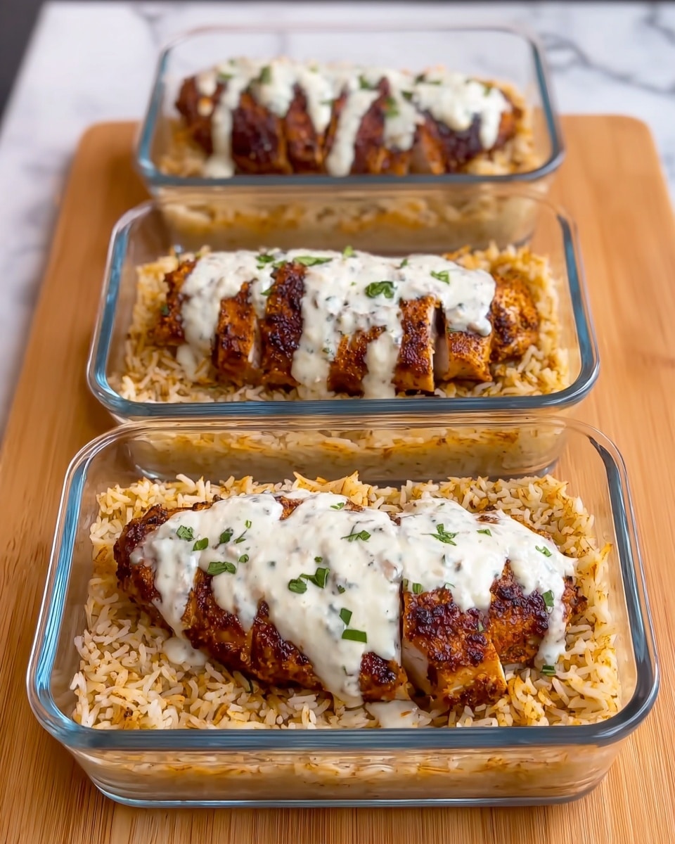 A clear glass rectangular dish holds a single dark brown grilled chicken fillet placed over a bed of orange-brown rice with visible herbs mixed in. The chicken is topped with a creamy light beige sauce that covers part of it, adding a smooth texture contrast. Small green herb bits are sprinkled lightly on top of the chicken and rice. A woman's hands are holding the dish on both sides. The background is a white marbled texture photo taken with an iphone --ar 4:5 --v 7