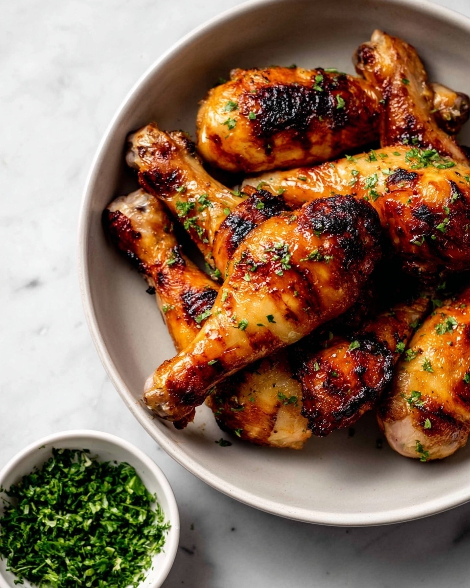 A white bowl filled with seven grilled chicken drumsticks, each with a shiny, crispy golden brown skin and some charred spots, sprinkled with small bits of green herbs. The drumsticks are arranged in a slightly overlapping way inside the bowl. Next to the bowl, there is a smaller white bowl filled with finely chopped green herbs. The background surface is a white marbled texture. Photo taken with an iphone --ar 4:5 --v 7