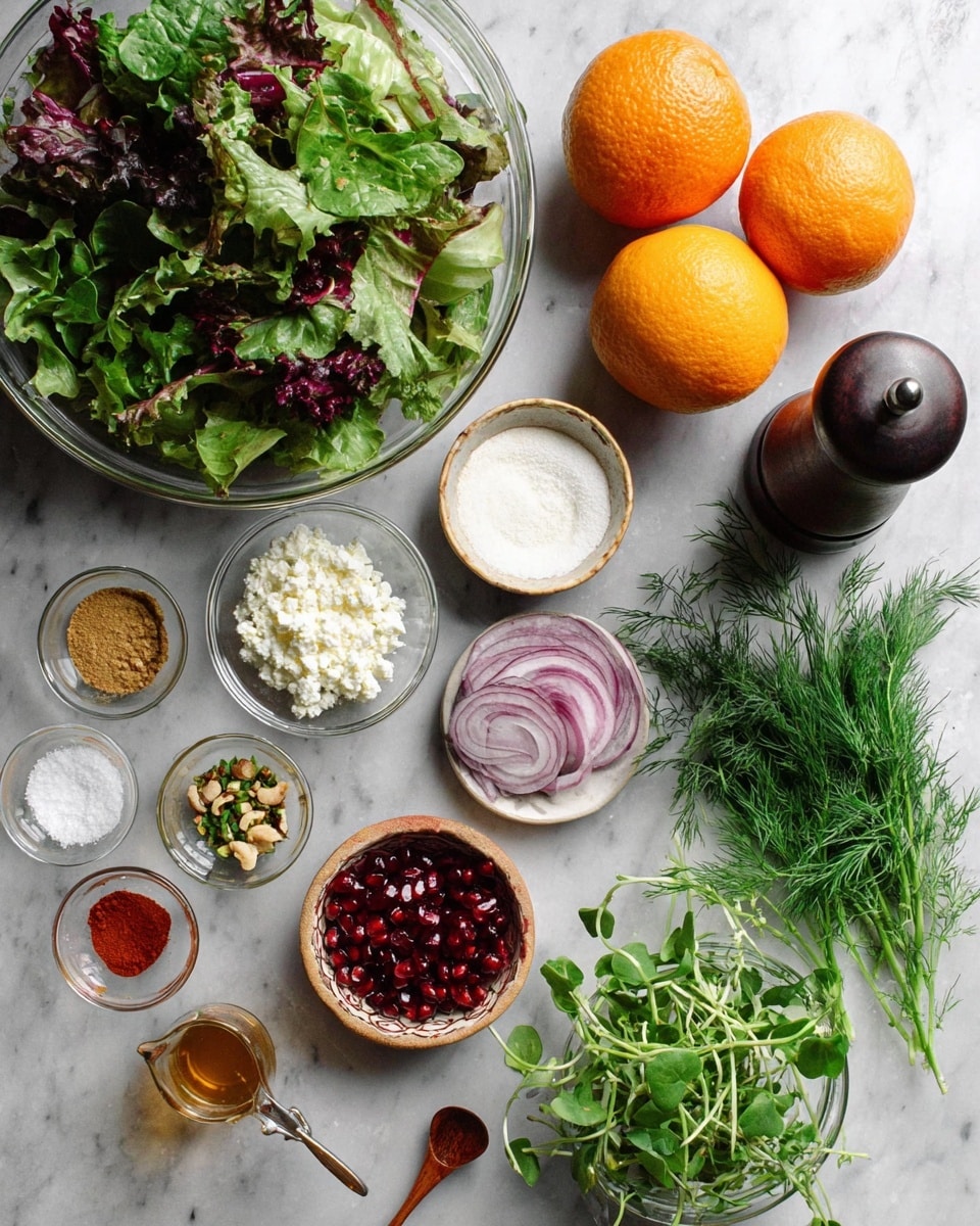 The image shows a flat lay arrangement of various fresh ingredients on a white marbled surface. In the top left, there's a large clear bowl filled with mixed leafy greens, showing different shades of green and purple with a crinkly texture. Below it, two whole bright orange fruits sit side by side with a slightly textured peel. To their right, a small round bowl holds white crumbly cheese, and next to it, a clear bowl contains thinly sliced red onions with a smooth shiny surface. Below these, a small bowl holds a mix of green and brown chopped nuts, and next to it is a bunch of fresh dill with feathery green leaves. On the far right, a clear bowl is filled with fresh green sprouts that have delicate leaves and thin stems. Above these, there is a small bowl with dark red pomegranate seeds that look shiny and juicy. Various small containers with white salt, red spice powder, light yellow powder with a tiny wooden spoon, and a small glass dish with reddish-brown sauce are also spread out. There is a small glass jug and a tall dark pepper grinder near the upper right corner. The whole scene has soft, natural light highlighting the fresh ingredients. photo taken with an iphone --ar 4:5 --v 7