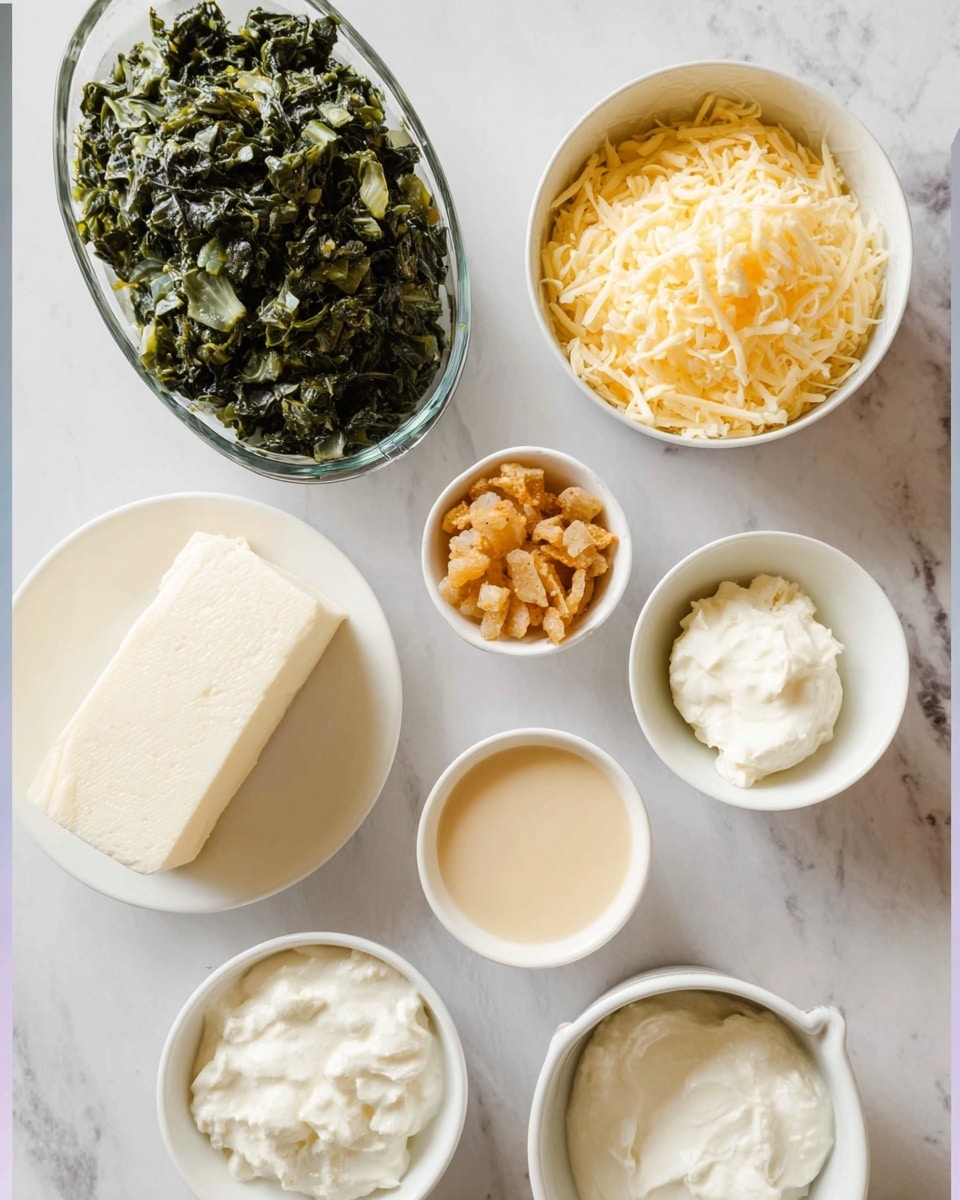 A photo shows several white dishes and a bowl arranged on a white marbled surface. In the center is a clear oval dish filled with finely chopped and cooked dark green leafy vegetables, giving a textured and moist look. Above it, there is an open canned item containing pale yellow pieces in light syrup. To the right, a white bowl is filled with shredded pale yellow cheese. Below the oval dish, a round white plate holds a large block of cream-colored soft cheese with a smooth surface. Next to it, a small white bowl contains a light beige creamy sauce. Above this, a tiny white bowl holds a portion of golden brown crispy bits. To the right of the crispy bits, a larger white bowl is filled with white creamy substance, likely sour cream or yogurt, offering a smooth texture. The whole scene is well-lit showing clear details of each ingredient, photo taken with an iphone --ar 4:5 --v 7