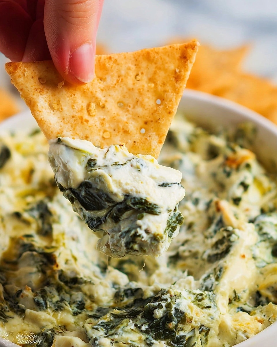 A close-up view of a triangular, light golden cracker held by a woman's hand, dipped into a thick, creamy dip with two main layers: a bottom white cheesy layer with a smooth texture and a top green layer made of spinach pieces mixed into the creamy sauce. The dip sits in a white bowl with the creamy, green, and white mixture filling it visible in the background on a white marbled surface. The cracker shows some small holes and a slightly crispy texture. photo taken with an iphone --ar 4:5 --v 7