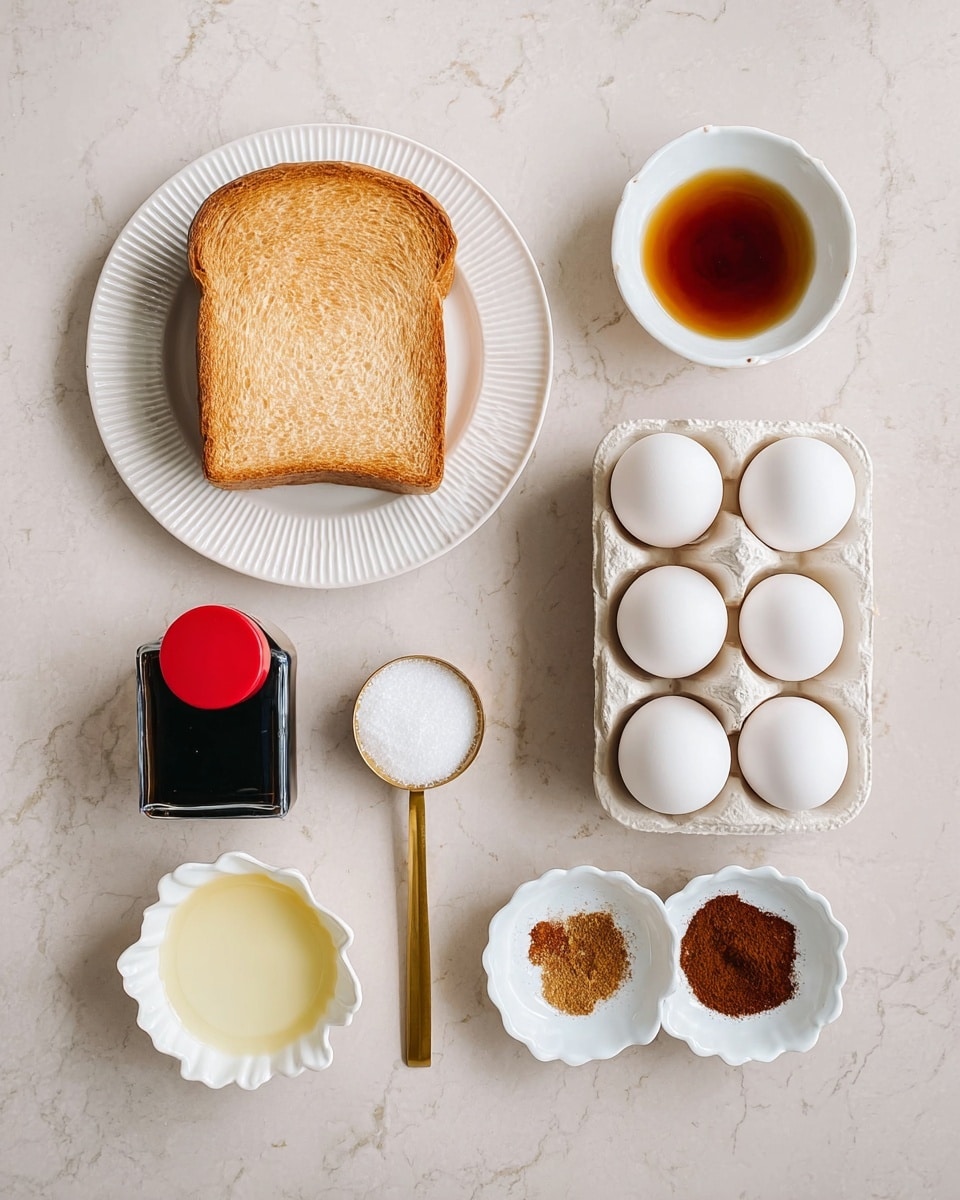 The image shows ingredients laid out on a white marbled surface. At the top center, a single slice of bread with a light brown crust rests on a white textured plate. To the right of the bread, a small white bowl holds a dark amber liquid. Below the bread, on the left side, a gold measuring spoon filled with white salt is placed next to a small black bottle with a red cap. To the right, a white carton holds six white eggs arranged in two rows of three. Below these items, on the bottom left, there is a small white scalloped bowl filled with a pale yellow liquid, and to the right of it, another small white scalloped bowl contains two piles of ground spices, one dark brown and one reddish brown. Photo taken with an iphone --ar 4:5 --v 7