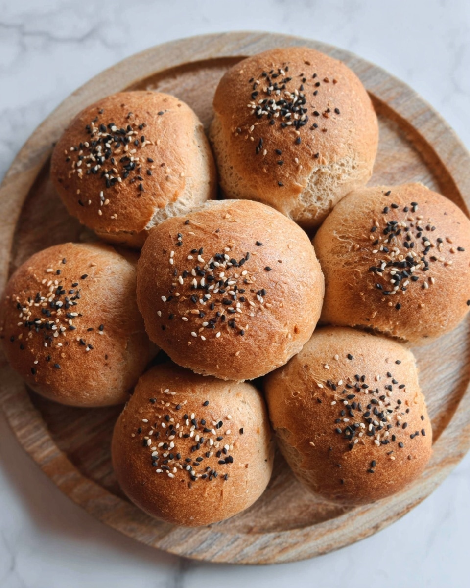 Six round bread rolls with light brown crusts topped with black and white sesame seeds are arranged in a circle on a round white wooden tray. The bread has a rough texture with small cracks and a soft appearance. The background is a white marbled surface. Photo taken with an iphone --ar 4:5 --v 7