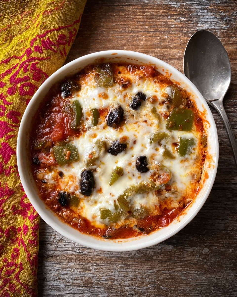 A white bowl holds a layered dish starting with a tomato-based sauce mixed with visible pieces of green bell pepper and other vegetables. On top is a melted layer of white cheese with a soft, bubbly texture. Scattered across the cheese are small, chopped black olives. The bowl sits on a rustic wooden surface with a yellow and red patterned cloth beside it, and a spoon rests to the right of the bowl. photo taken with an iphone --ar 4:5 --v 7