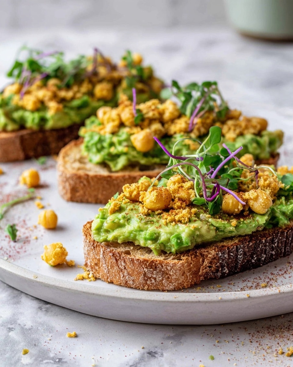 The image shows three slices of toasted rustic brown bread, each topped with a thick layer of bright green smashed avocado spread smoothly. On top of the avocado, there is a generous sprinkling of crumbled yellow chickpeas, adding rough and chunky texture. Small green leafy herbs and some thin purple sprouts are scattered on the toppings, adding color contrast and freshness. The slices are placed on a white round plate with slight crumbs around, all set on a white marbled surface with a soft natural light. photo taken with an iphone --ar 4:5 --v 7