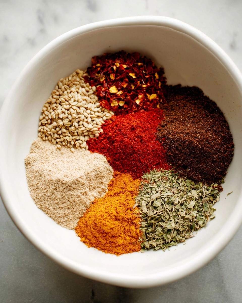 A white bowl holds six distinct piles of spices arranged side by side in a circle. Starting from the left, there are beige crushed seeds with a rough, flaky texture, next to them are crushed red chili flakes showing red and yellow bits. Following is a bright red fine powder spice with a smooth surface, then a mound of dark brown powder with a slightly coarse texture. Above it sits a bright orange powder, and finally, a pile of green dried herb pieces with a leafy appearance. The bowl rests on a white marbled surface. photo taken with an iphone --ar 4:5 --v 7