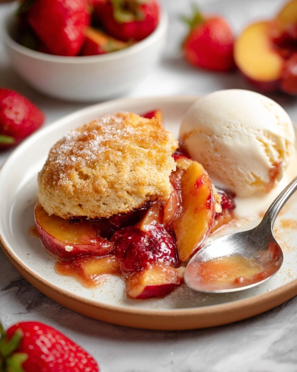 The image shows a dessert served on a round white plate with brown edges, placed on a white marbled surface. The dish has two golden brown biscuit halves on top, sprinkled with coarse sugar crystals. Beneath the biscuits, there is a warm fruit filling made of soft peach slices and red strawberry pieces in a glossy sauce. Between the biscuit halves, a scoop of creamy white ice cream is melting into the fruit mixture, creating a smooth, creamy texture that blends with the sauce. A metal spoon rests on the edge of the plate with some sauce on it. In the background, out of focus, there is a white bowl filled with whole strawberries, and additional strawberries are scattered around the plate. photo taken with an iphone --ar 4:5 --v 7