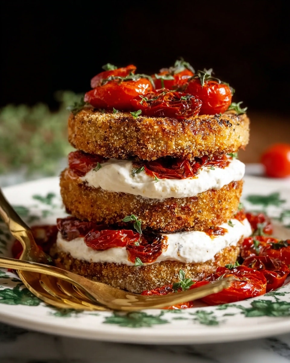 The image shows a stack of three breaded and fried round patties with a crunchy, golden brown crust, each separated by a layer of smooth white cream cheese and roasted cherry tomatoes that have a deep red color with a slightly wrinkled texture. The stack sits on a white plate with green floral designs, placed on a white marbled surface. Some roasted tomatoes and fresh green herbs are scattered around the base and on top, adding color contrast. To the left, a gold fork and knife rest on the plate, and the background is dark, making the food stand out. photo taken with an iphone --ar 4:5 --v 7