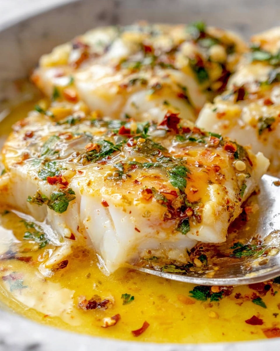 The image shows a close-up of a cooked dish with two thick layers of white fish fillets, topped with a golden-brown melt of cheese and melted butter. The surface of the fish is sprinkled with fresh green herbs like parsley, small pieces of white onion, and red chili flakes. The fish looks moist and tender with light charring on the edges. A spoon is partially visible on the right side, scooping some of the sauce underneath. The whole dish is placed on a white plate, set on a white marbled surface. The colors contrast nicely with the creamy yellow sauce pooling beneath the fish, making the dish look rich and flavorful. Photo taken with an iphone --ar 4:5 --v 7