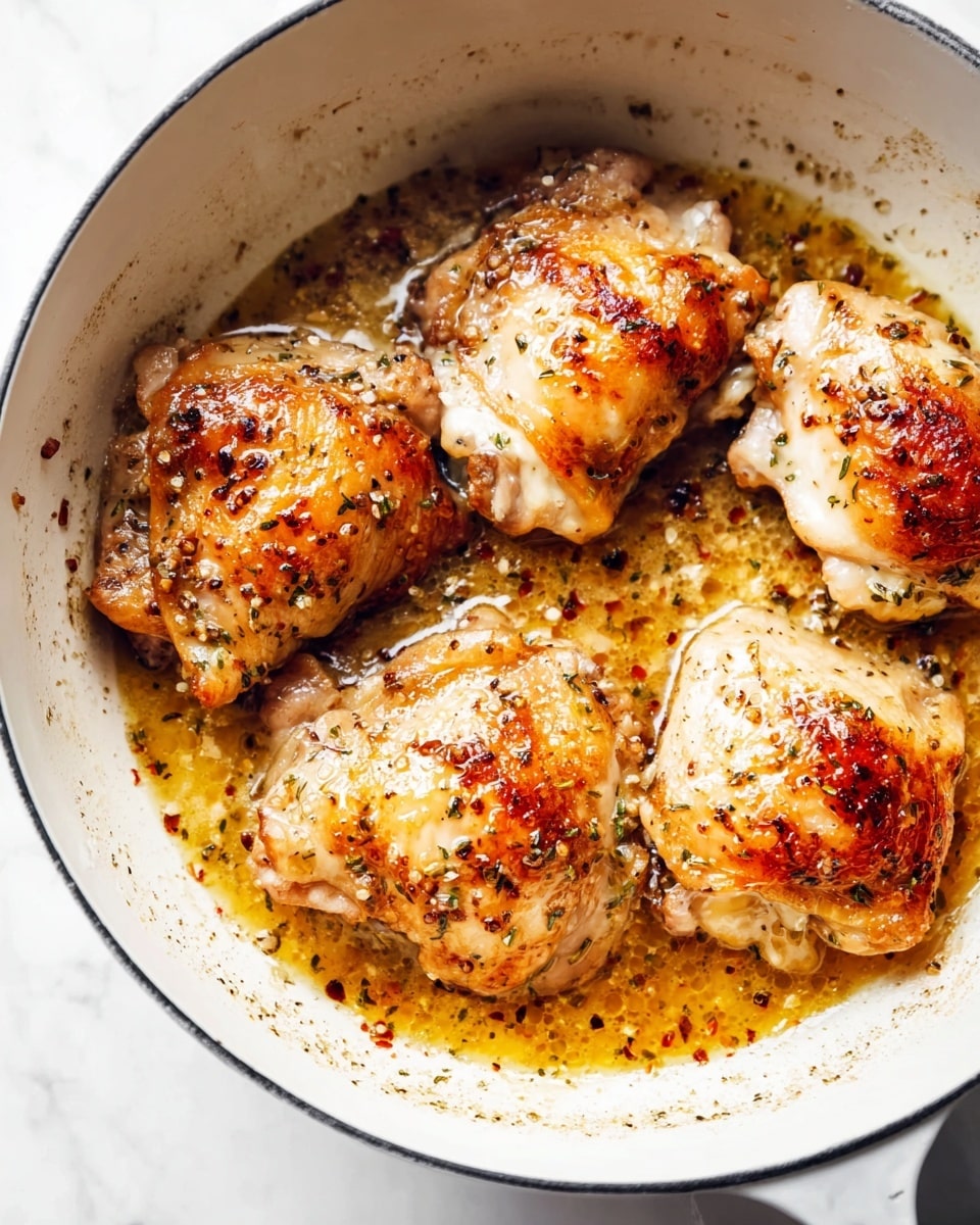 A white pot filled with four pieces of cooked chicken thighs, each piece showing a golden brown, slightly crispy skin on top. The chicken pieces sit in a bubbling melted butter sauce mixed with small bits of herbs and spices, giving the sauce a rich amber color with specks of black pepper and tiny herb pieces scattered throughout. The pot's inside is smooth and white, contrasting with the rich color of the chicken and sauce, and the photo is captured on a white marbled texture surface. Photo taken with an iphone --ar 4:5 --v 7