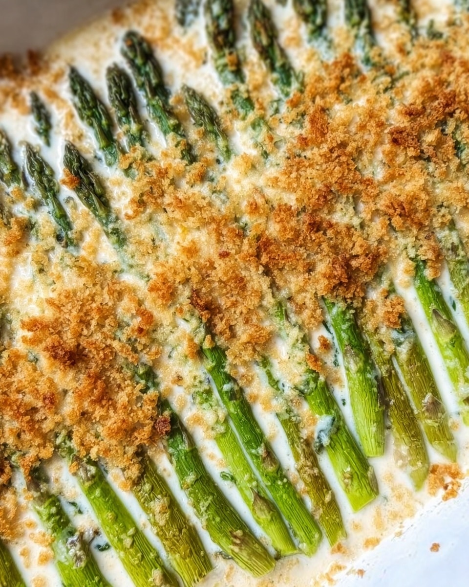 The image shows a white dish filled with long green asparagus spears arranged in parallel rows, covered evenly with a thick creamy white sauce that has small green herb bits. On top of the sauce, a golden brown crumb topping is spread across the whole surface, giving a crispy texture look. The dish sits on a white marbled surface. Photo taken with an iphone --ar 4:5 --v 7