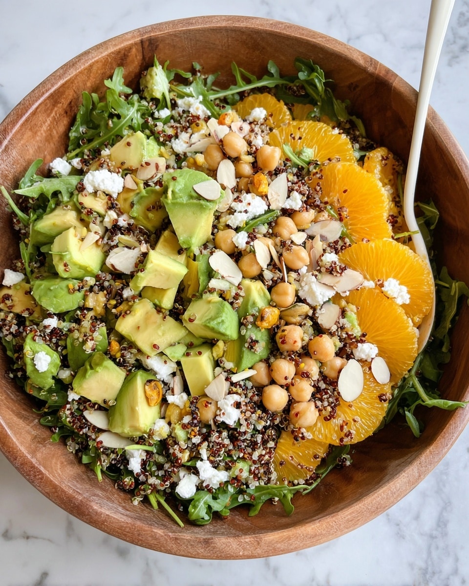 Two white bowls with a light brown rim hold a mixed salad on a white marbled surface. Each bowl contains three main layers: a base of dark green leafy arugula, a middle layer scattered with beige chickpeas, light green avocado chunks, and pieces of orange slices, and a top layer with small white cheese crumbles, black and white quinoa, and almond slices. A silver fork rests diagonally inside the front bowl, with the tines partially inserted into the salad. Photo taken with an iphone --ar 4:5 --v 7