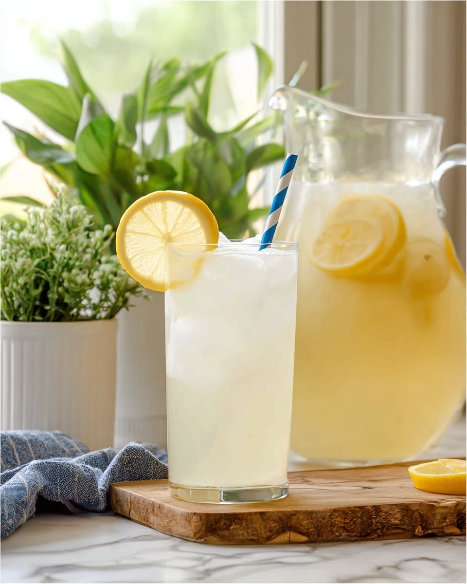 A clear glass pitcher filled with pale yellow lemonade, visible ice cubes, and thin lemon slices floating inside, next to a white glass filled with the same lemonade and ice, featuring a blue and white striped straw and a slice of lemon on the rim, all placed on a wooden board with two whole yellow lemons on the white marbled surface beside it. In the background, there are green plants in pots and wooden decorative boards on a white marbled countertop under soft natural light from a window, photo taken with an iphone --ar 4:5 --v 7
