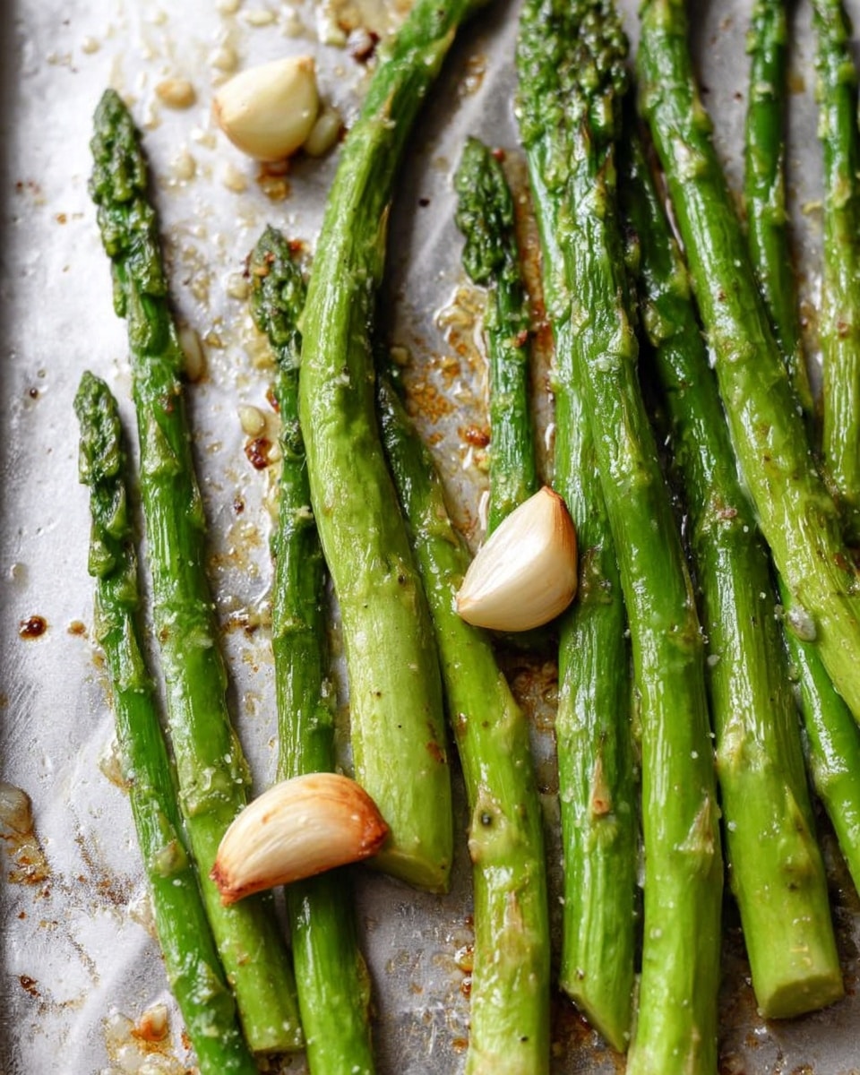 The image shows a close-up of bright green asparagus spears laid out in one thin layer on a metal baking tray. The asparagus stalks are shiny with oil and show a light roast texture with slight browning in some parts. Among the asparagus, there are two whole garlic cloves, smooth and slightly browned, placed randomly near the center and top left of the arrangement. The baking tray has a few spots of oil and browned bits, adding a rustic look to the scene. The background beneath the tray is a white marbled surface. Photo taken with an iphone --ar 4:5 --v 7