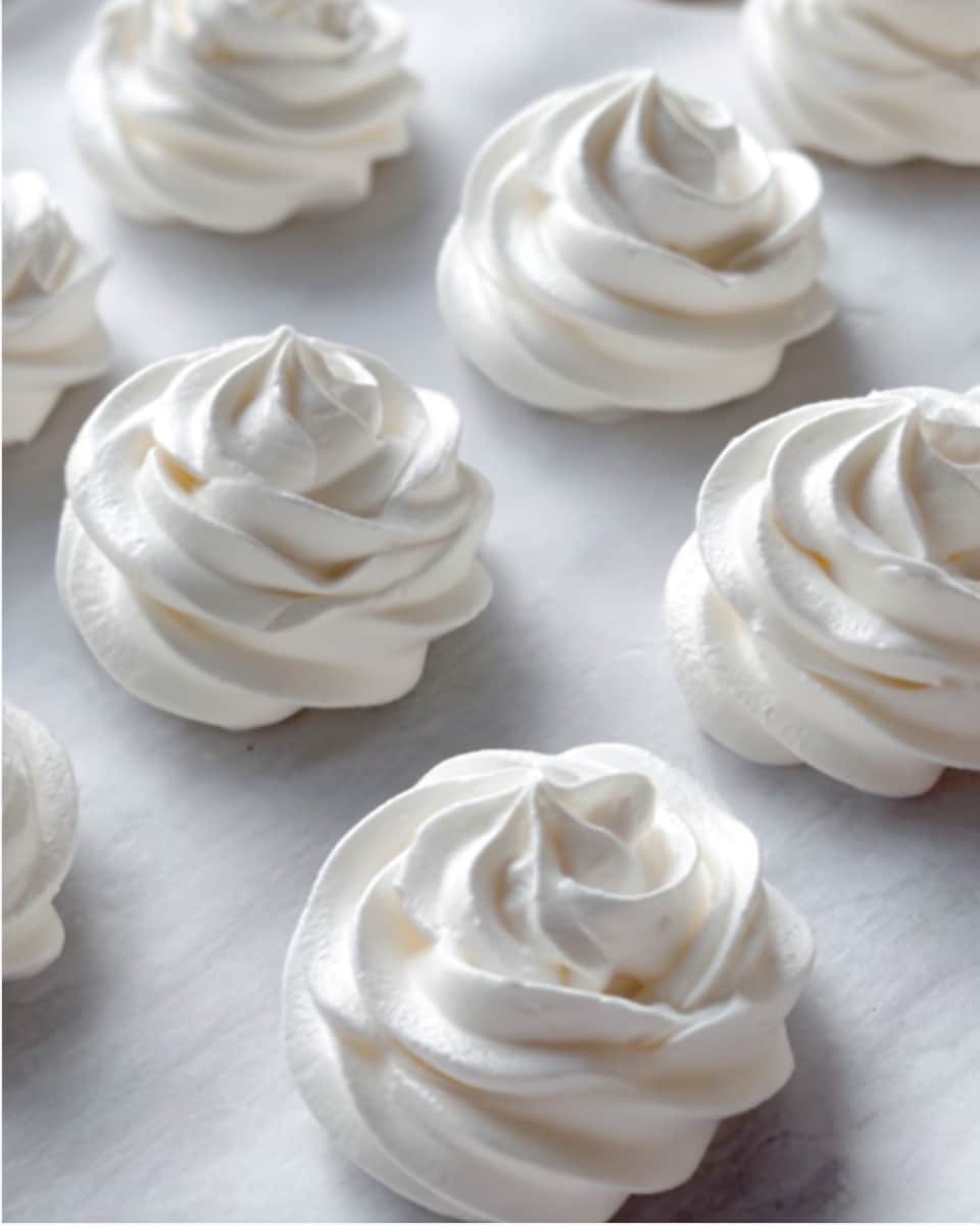 The image shows several white meringue cookies placed evenly on a white marbled surface with parchment paper underneath. Each meringue is shaped like a delicate rose, with smooth, swirled layers forming soft peaks that resemble flower petals. The texture looks light and airy with a slight shine, and the cookies are all uniform in size. The background is plain, keeping the focus on the fine details of the meringues. photo taken with an iphone --ar 4:5 --v 7
