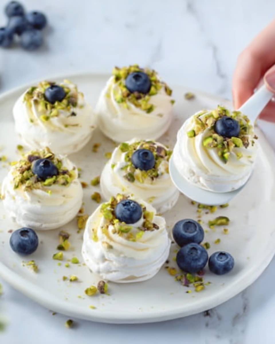 The image shows six small, round white meringue nests arranged on a white plate with a white marbled background. Each nest is filled with smooth, creamy white whipped cream, topped with finely chopped green pistachios, and finished with a single dark blue blueberry placed in the center. Several loose blueberries are scattered on the plate for decoration. A woman's hand holding a white serving spatula is visible, gently lifting one meringue nest. Photo taken with an iphone --ar 4:5 --v 7