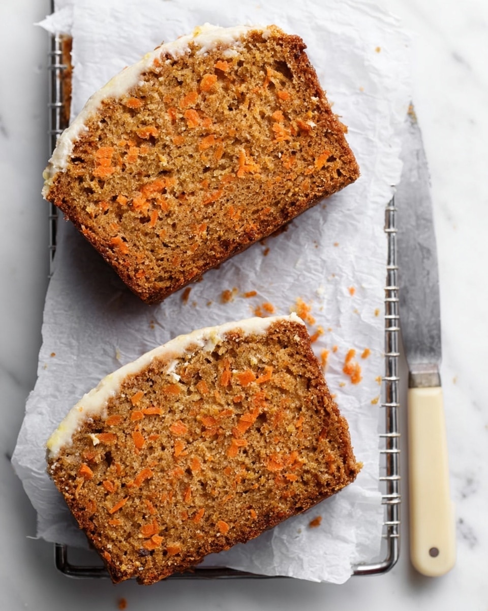 Two slices of carrot cake loaf are placed on white parchment paper over a wire rack. Each slice shows a light brown, moist texture with small orange carrot bits evenly spread throughout. The top edges of the slices have a thin layer of white frosting. To the right, there is a knife with a beige handle resting on the white marbled surface. The photo taken with an iphone --ar 4:5 --v 7