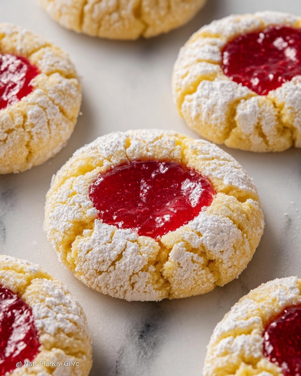 The image shows several round cookies on a white marbled surface. Each cookie has two main layers: a cracked, light yellow dough outer ring covered in powdered sugar, giving it a rough, textured look, and a smooth, shiny, bright red jam filling in the center. The powdered sugar creates a white contrast against the yellow dough around the red center, making the bright red jam stand out clearly. The cookies are spaced apart, and the lighting highlights the soft texture of the dough and the glossy surface of the jam. photo taken with an iphone --ar 4:5 --v 7
