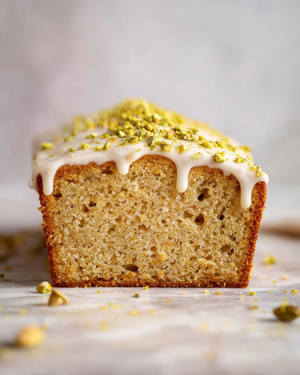A rectangular cake sits in the center, covered with a thick white icing layer that drips slightly down the sides. The top is sprinkled evenly with crushed pistachios, adding a mix of light green and golden yellow colors, along with a slightly rough texture. The cake's surface beneath the icing has a warm brown color. The background is a white marbled texture with some crushed pistachio bits scattered around the cake, enhancing the natural and fresh look of the dessert. Photo taken with an iphone --ar 4:5 --v 7