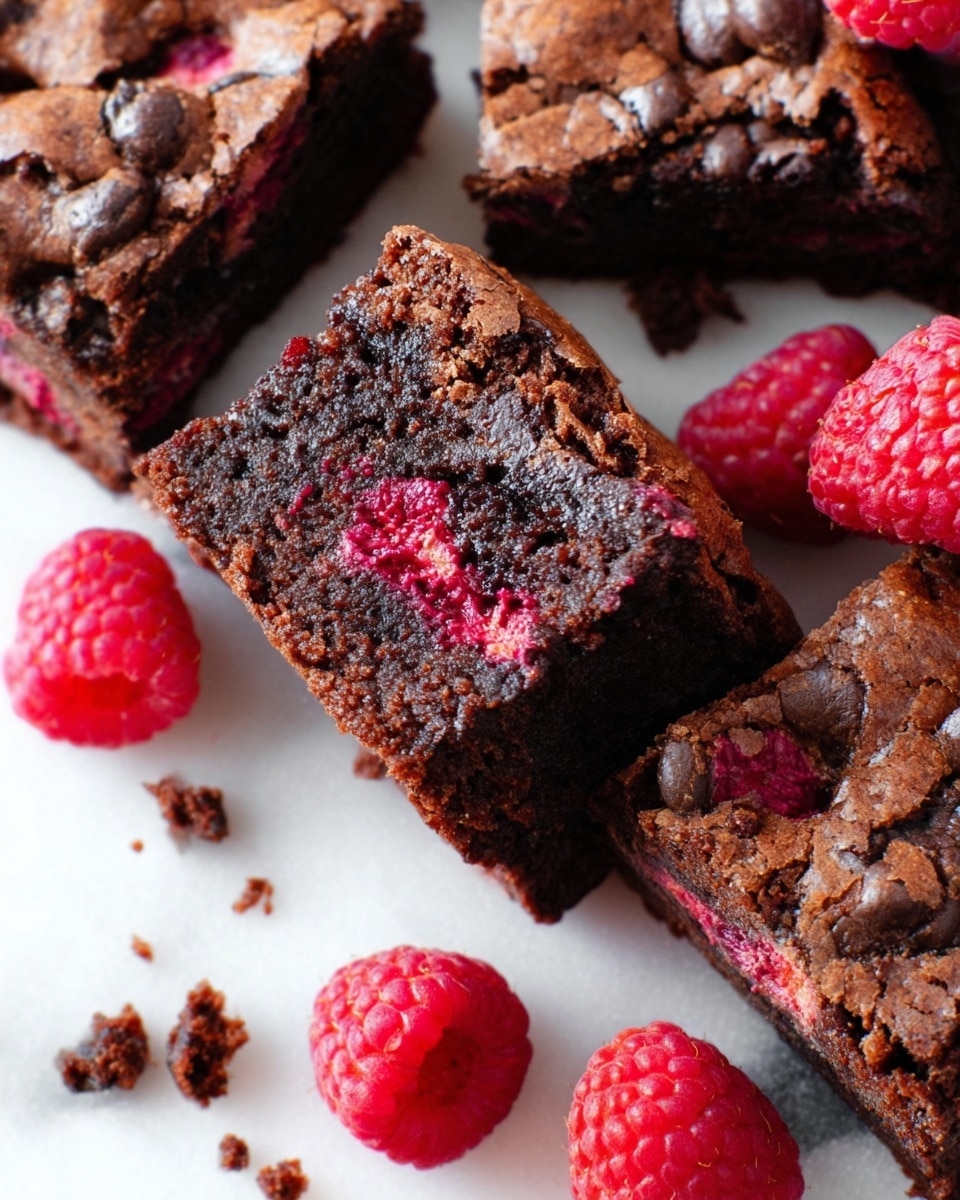 The image shows several pieces of chocolate cake with visible raspberry bits inside, arranged on a white marbled surface. Each piece has a rough, crumbly texture with a slightly shiny top layer that looks soft and moist. The cake is dark brown with bright red raspberry pieces scattered within. Around the cakes, there are a few whole fresh raspberries showing their bright red color and bumpy texture. Some small crumbs are scattered on the surface near the cake pieces, enhancing the natural look. photo taken with an iphone --ar 4:5 --v 7