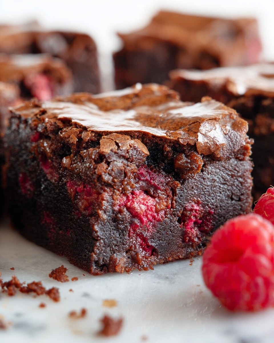 The image shows a close-up of a thick, square piece of dark chocolate brownie with visible red raspberry bits baked inside, creating small bursts of red color within the rich brown texture. The top layer is a shiny, slightly cracked chocolate crust, giving a crisp look, and the inside looks moist and dense with some air holes. Around the main piece, there are other similar brownie squares blurred in the background. One bright red fresh raspberry sits in front of the brownie on a white marbled surface with some small crumbs scattered around. Photo taken with an iphone --ar 4:5 --v 7