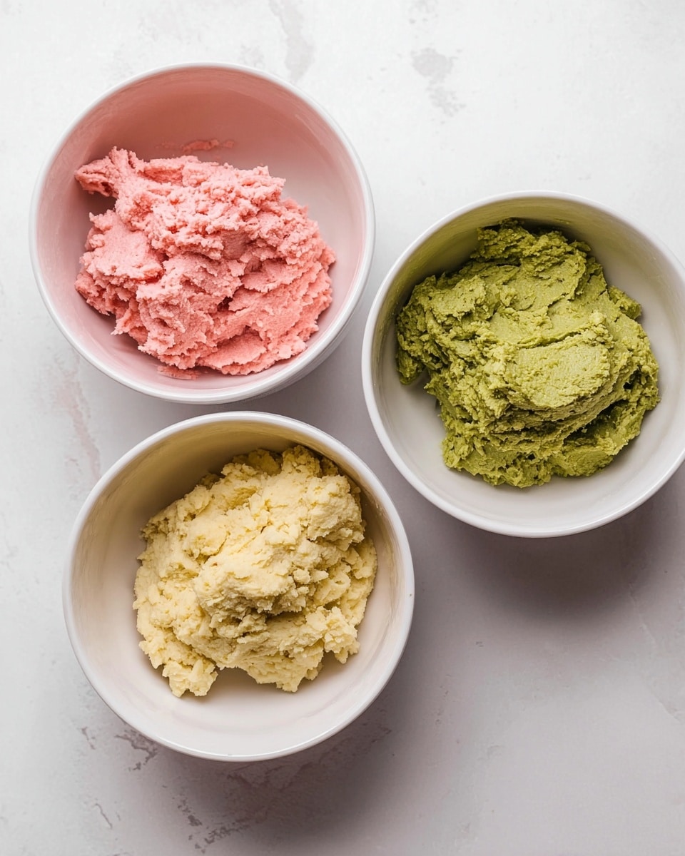 The image shows three white bowls placed on a white marbled surface. Each bowl holds a different color and texture of dough or paste. The top left bowl contains a pink, crumbly dough with a soft, uneven texture. The bottom left bowl has a pale yellow, crumbly dough that looks slightly smoother and more compact. The right bowl holds a green, chunky paste with a rough texture showing small lumps. The bowls are arranged close together in a triangular layout. photo taken with an iphone --ar 4:5 --v 7