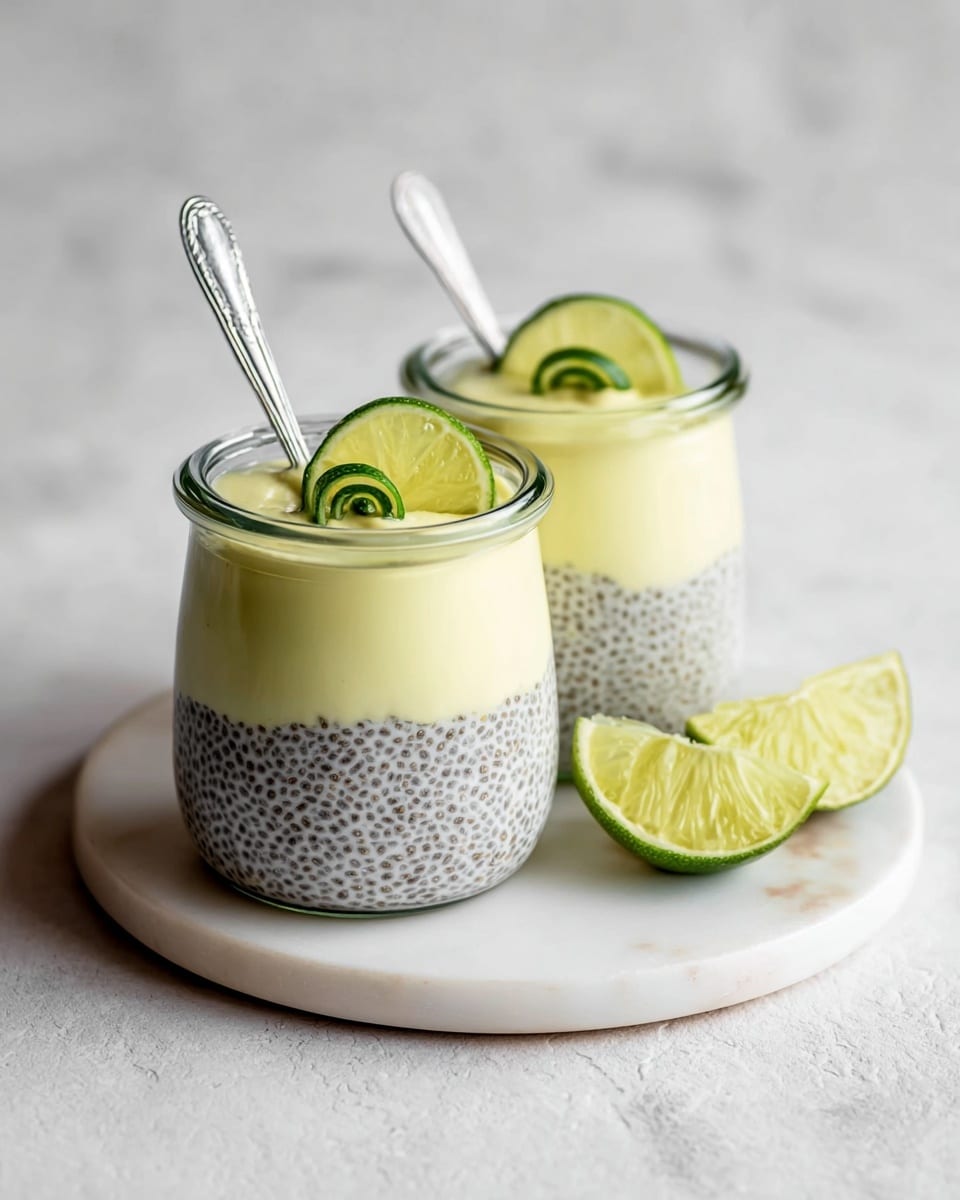 Two small glass jars sit on a round white plate with a white marbled texture surface. Each jar has two layers: the bottom layer is filled with light gray chia pudding with tiny black seeds for texture, and the top layer is a smooth pale yellow cream. On top of each cream layer is a thin round slice of lime with a small green lime peel curl in the center. Small silver spoons are placed inside the jars, leaning against the rim. Two lime wedges rest on the white marbled surface near the jars. The photo is taken with an iphone --ar 4:5 --v 7