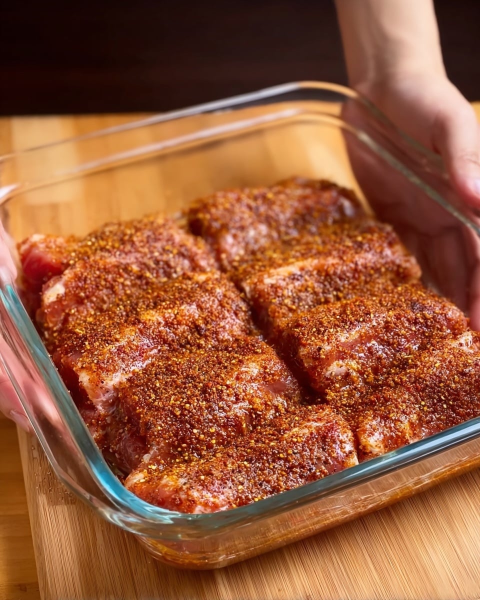 A clear glass rectangular dish holds five pieces of raw meat spread in one layer, each piece covered evenly with a reddish-brown spice mix that looks coarse and grainy. The dish is held near the sides by a woman's hand on each side, while it rests on a wooden surface. The background is dark and blurred, focusing attention on the seasoned meat. The meat has a slightly uneven texture with spices scattered densely on top, giving it a rich, textured look. photo taken with an iphone --ar 4:5 --v 7