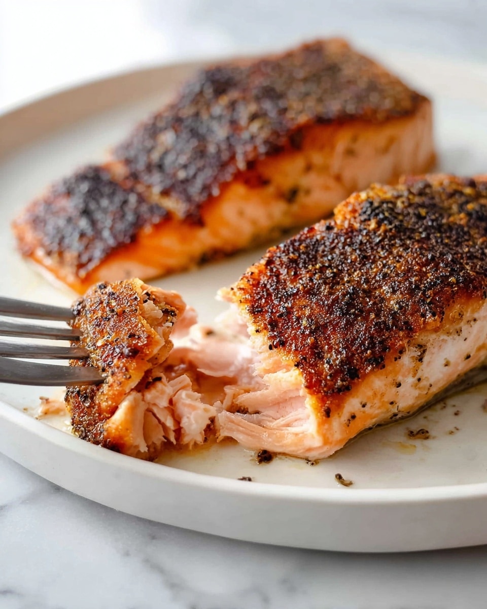 The image shows a white plate with two thick pieces of cooked salmon. Each piece has a dark, crispy, and slightly oily crust on top with visible seasoning specks, while the inside of the salmon is light pink and flaky. One piece is whole, and the other piece is in the process of being lifted by a fork, revealing the soft texture inside. The plate sits on a white marbled surface. photo taken with an iphone --ar 4:5 --v 7