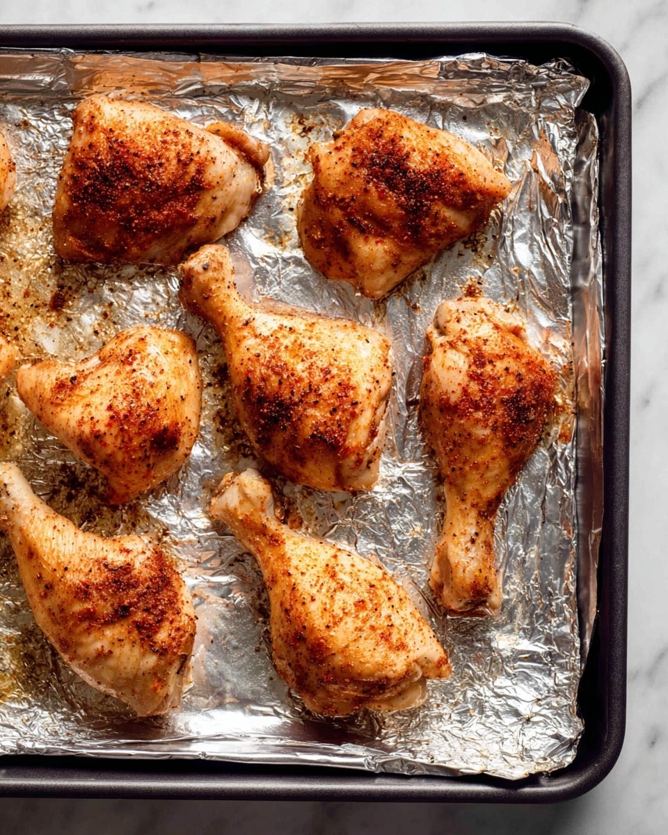 A close-up view shows six cooked chicken pieces on a baking tray lined with shiny silver foil. The chicken pieces have a golden-brown color with some darker seasoning spots and are arranged in two rows. The baking tray edges are visible, contrasting with a white marbled surface underneath. The chicken skin texture is slightly crisp and uneven, showing natural lines and seasoning granules. photo taken with an iphone --ar 4:5 --v 7