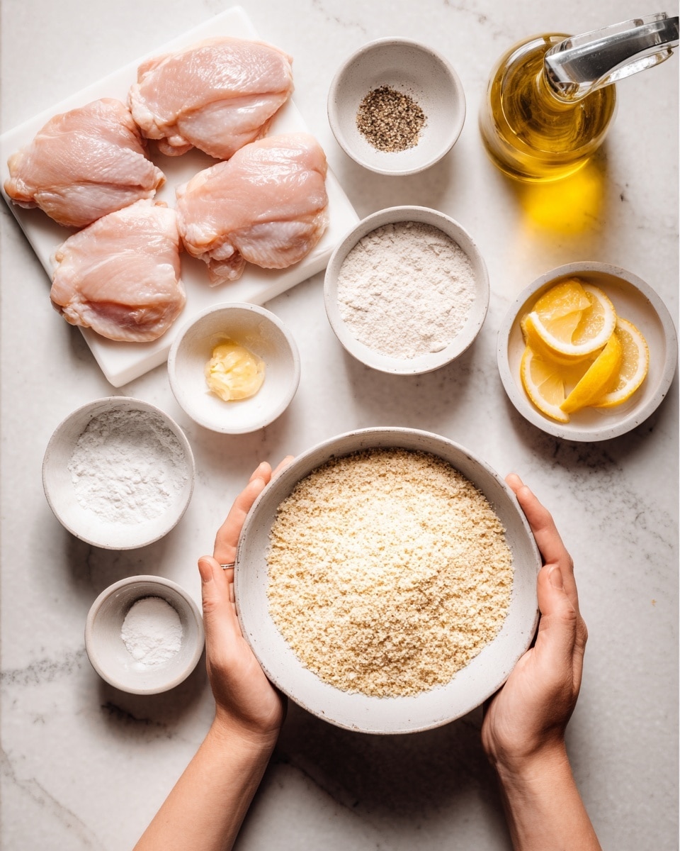 The image shows an overhead view of a white marbled surface with four raw chicken pieces placed at the top left. Below the chicken, a pair of woman's hands hold a white bowl filled with crushed breadcrumbs. Surrounding the bowl in a circular layout are several small white bowls with different ingredients: flour, melted butter, salt, ground black pepper, and sliced lemon wedges. A clear glass bottle of olive oil with a metal spout is placed at the top right corner. The whole setup looks clean and organized for cooking preparation. photo taken with an iphone --ar 4:5 --v 7