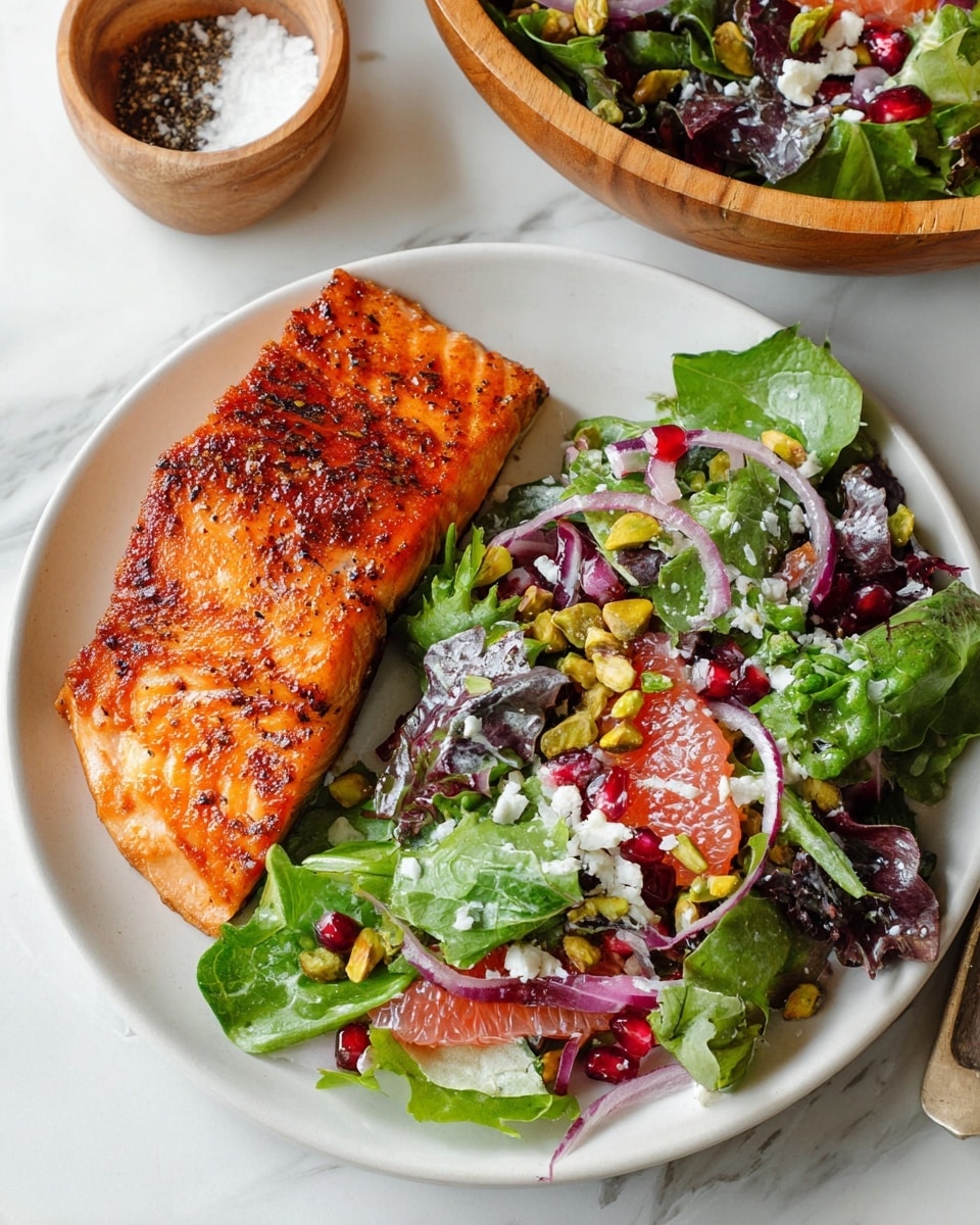 A large white bowl sits on a white marbled surface filled with a colorful salad. The bottom layer is made of dark and light green leafy greens including spinach and lettuce mixed with some deep purple leaves. On top are thin slices of light pink and red grapefruit segments spread evenly. Toward the top layer are scattered deep red pomegranate seeds, small golden-brown pistachios, and thin slices of pale purple red onion. White crumbled cheese is sprinkled over the salad along with a few green herb sprigs. Nearby on the surface are a small white bowl with light yellow olive oil, a wooden bowl with salt and pepper, and a clear glass jar with a red dressing. photo taken with an iphone --ar 4:5 --v 7