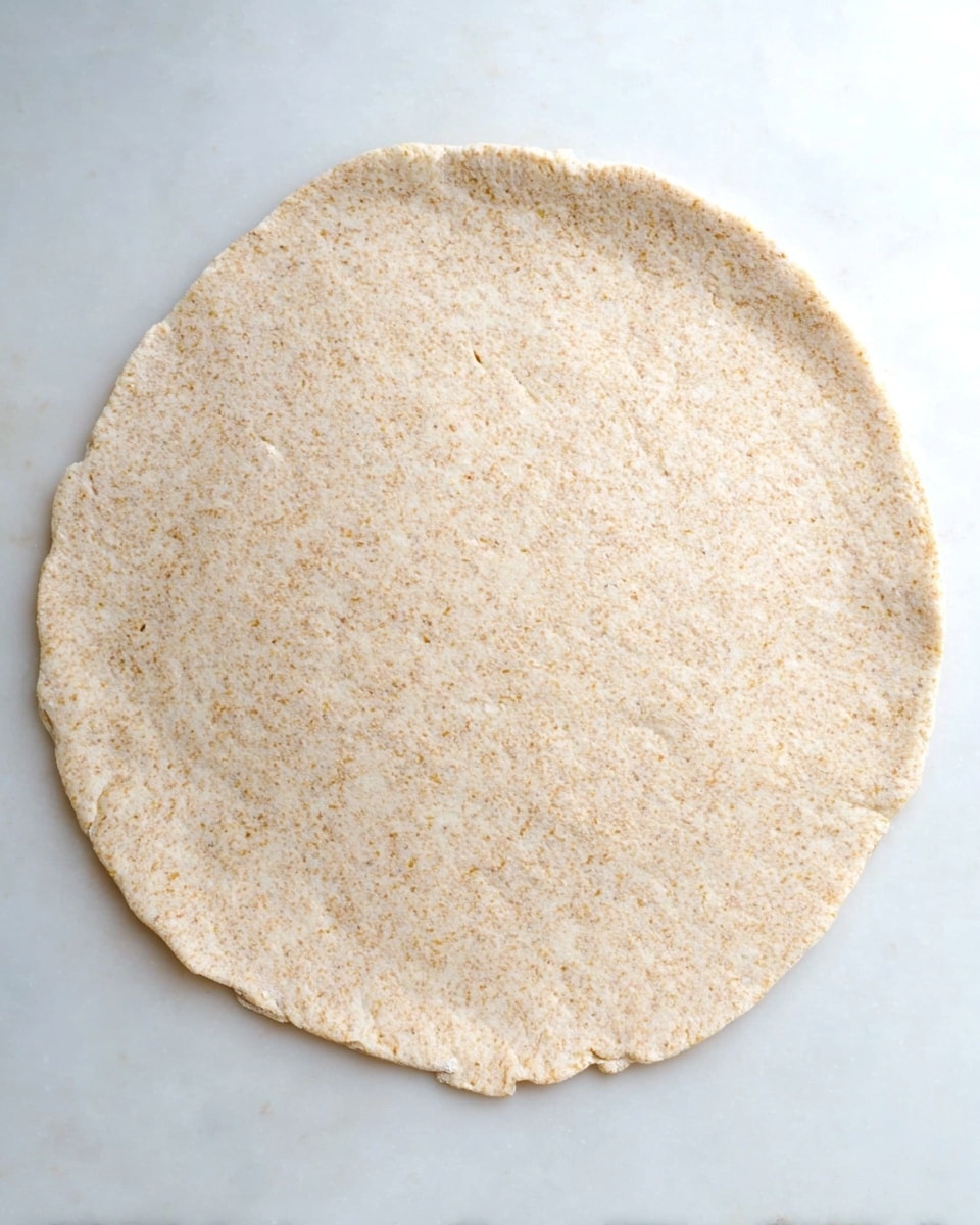 A round, flat dough piece that is light tan in color with a slightly grainy texture, resting on a white marbled surface. The dough is evenly rolled out with faint edges visible, showing small bits of whole grains throughout. The surface has a soft, slightly rough look, and the shape is almost perfectly circular. photo taken with an iphone --ar 4:5 --v 7