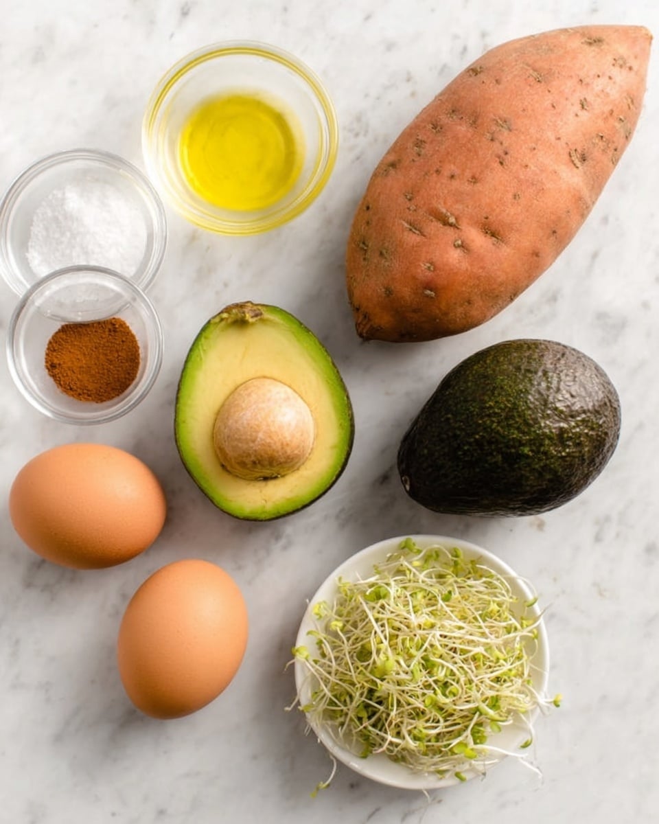 The image shows a white marbled surface with several fresh ingredients neatly placed. There is one whole sweet potato with orange skin, a whole avocado with rough dark green skin, and one avocado cut in half revealing a green inside and a large seed in the center. Two brown eggs lie near the sweet potato. Small clear bowls hold light yellow oil, white salt, and a mix of brown powders. A separate small white bowl contains fresh green sprouts with thin white roots. The composition is simple, colorful, and clean, showing the natural textures of the ingredients. Photo taken with an iphone --ar 4:5 --v 7