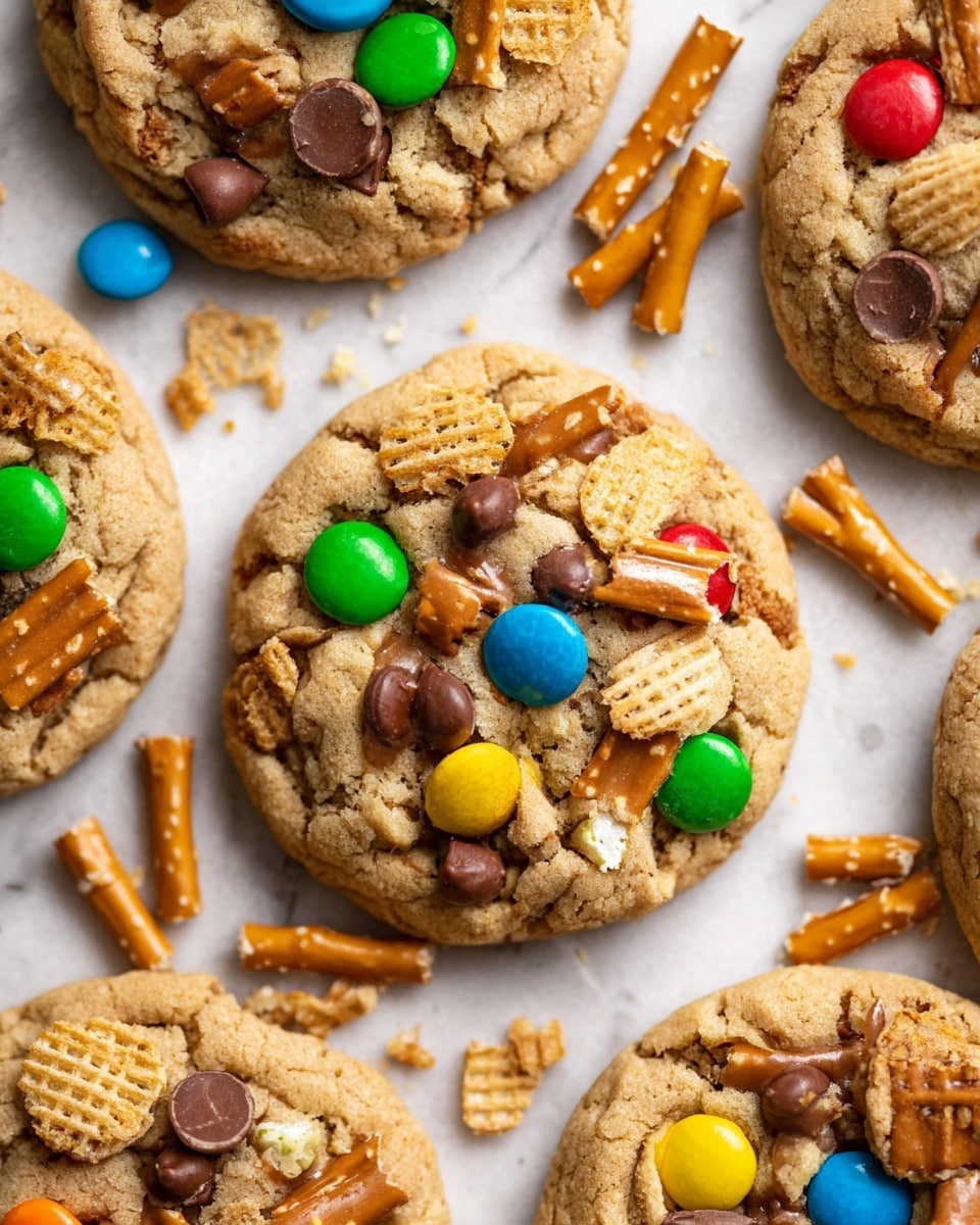 The image shows several cookies scattered on a white marbled surface. Each cookie has a thick, cracked light brown base with a rough texture. On top of the cookies are colorful candy-coated chocolate pieces in green, yellow, blue, red, and orange. There are also semi-smooth chocolate chips, small round caramel-colored candies, crunchy pretzel sticks broken into small pieces, and light beige ridged potato chip pieces embedded on the surface. Loose pieces of these toppings also lie around the cookies, adding to the casual, tasty look. Photo taken with an iphone --ar 4:5 --v 7