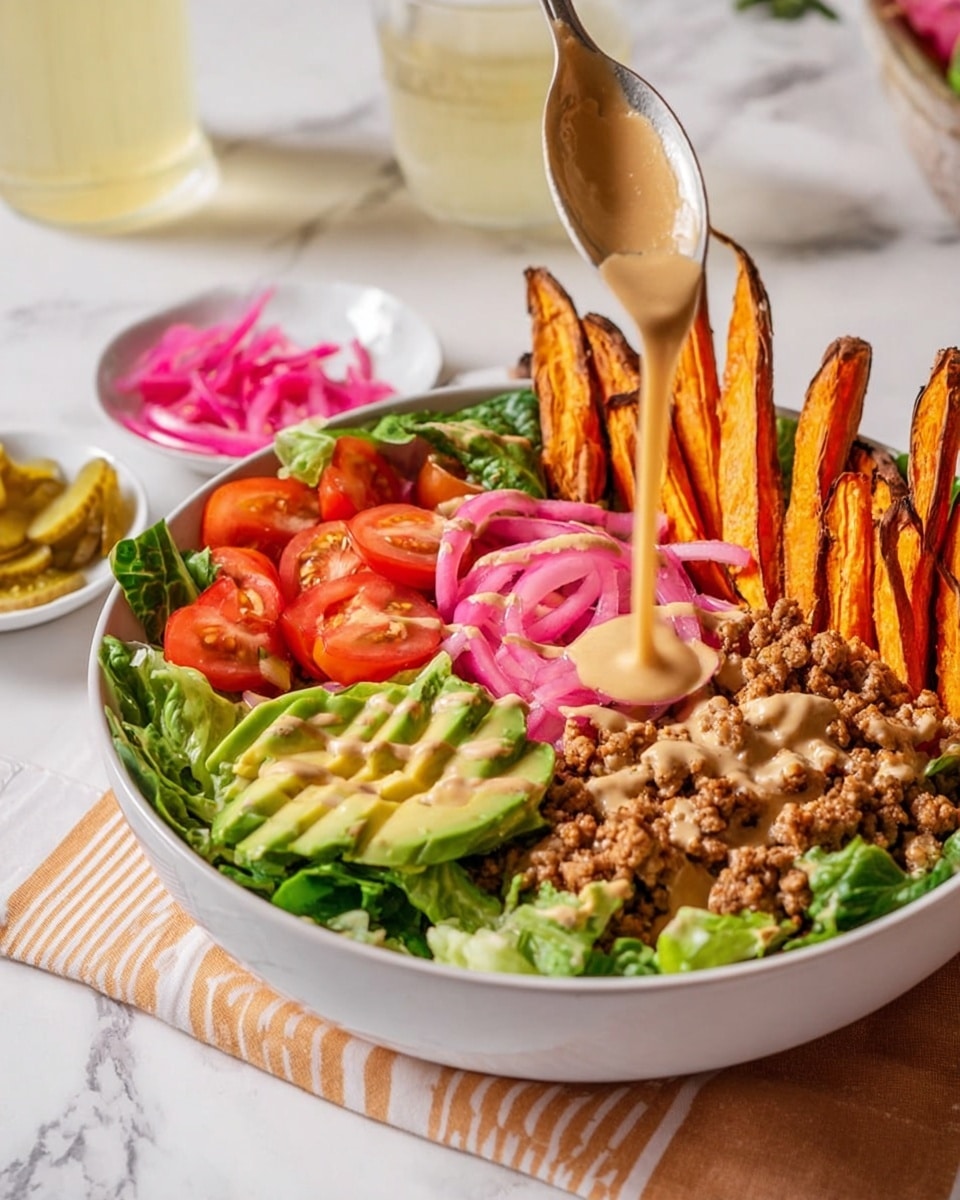 A white bowl filled with a fresh salad sits on a white marbled surface. The salad has several layers starting with green leafy lettuce at the base. On top of the lettuce are browned ground meat pieces, thin slices of pink pickled onions to one side, and a group of bright orange roasted sweet potato fries standing upright at the back. Next to the fries are half-sliced avocado pieces in a green shade, and sliced red cherry tomatoes. A light brown creamy sauce is being poured from a spoon held by a woman's hand, drizzling over the salad evenly. In the background, there is a glass of light yellow liquid and small white dishes with pickled onions and other condiments. photo taken with an iphone --ar 4:5 --v 7