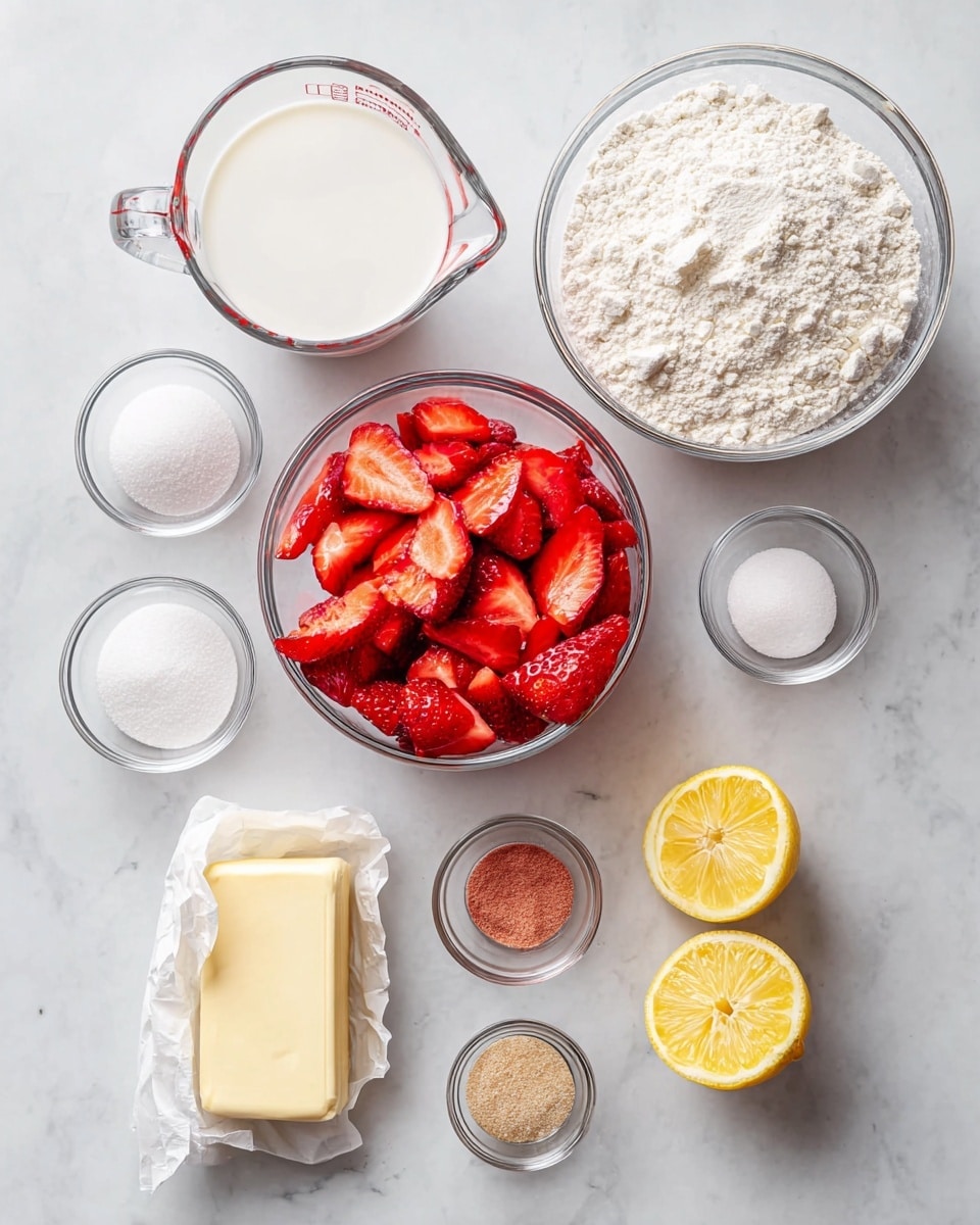 The image shows ingredients arranged neatly on a white marbled surface. At the center is a clear glass bowl filled with bright red sliced strawberries, showing different sizes and shapes. Above the strawberries, there is a larger clear glass bowl filled with white flour with a slightly rough texture. To the left of the flour, a glass measuring cup contains white milk. Below the milk, a stick of unsalted butter wrapped partly in paper with a softened appearance lies next to a smaller piece of the same butter. To the right of the strawberries are two halves of a bright yellow lemon with visible texture inside. Around these main items are small clear glass bowls with white granulated sugar, light brown sugar, white salt, white baking powder, white baking soda, and a small amount of white cream. The overall look is clean and bright with simple, fresh colors. Photo taken with an iphone --ar 4:5 --v 7