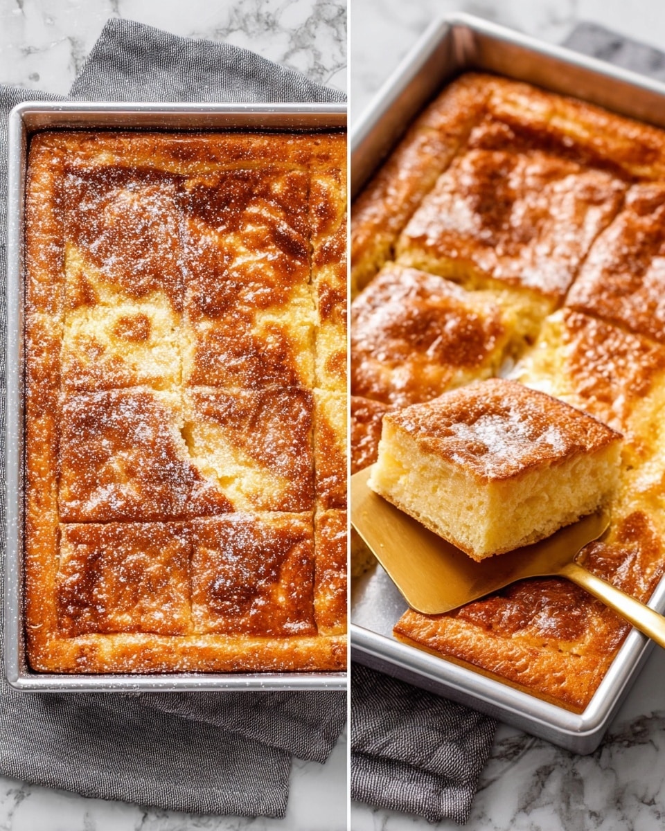 A rectangular baked dessert in a metal tray with a golden brown top layer that is shiny and slightly crackled, showing a textured surface with uneven patches of darker brown. The dessert is cut into square pieces, and one piece is lifted on a golden spatula, revealing a thick, soft inside that is lighter golden-yellow with a spongy texture. The dessert is dusted with white powdered sugar on top in the image with the squares. The tray is placed on a white marbled surface with a gray cloth underneath. Photo taken with an iphone --ar 4:5 --v 7