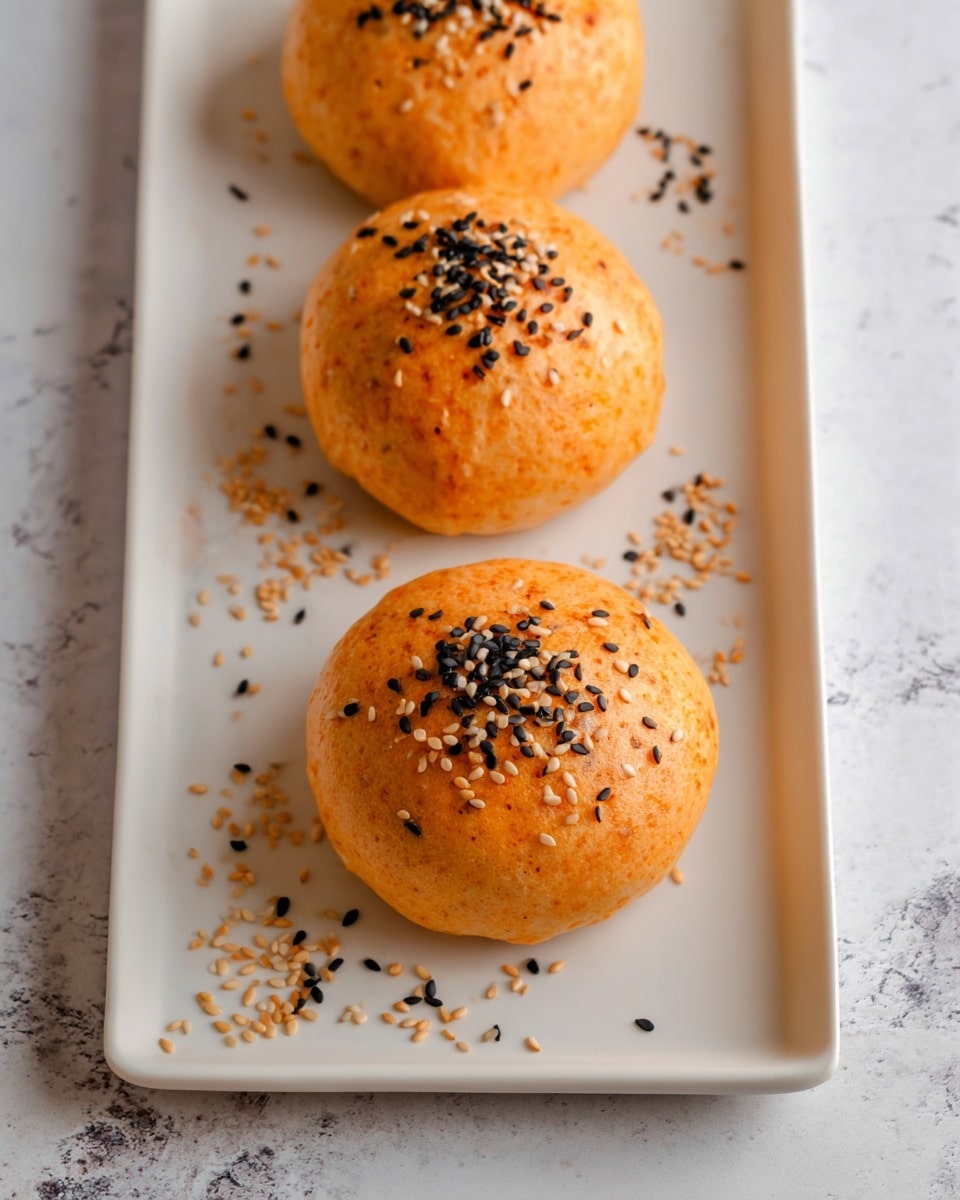 The image shows four round, orange-colored bread rolls placed on a white rectangular tray. Each roll is topped with a small cluster of black and white sesame seeds, adding texture and contrast. The surface beneath the tray is a white marbled texture, and there are scattered sesame seeds around the rolls on the tray. The rolls have a slightly rough texture on top, and the lighting highlights their soft surface. Photo taken with an iphone --ar 4:5 --v 7