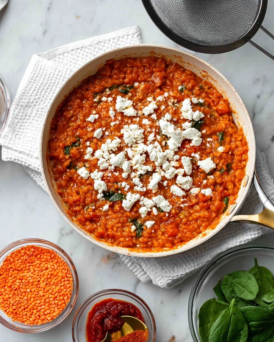 A white skillet filled with a thick red lentil stew, showing small chunks of cooked red lentils and diced tomatoes creating a textured, vibrant red-orange base. On top, a layer of white crumbled cheese is spread unevenly, contrasting sharply against the warm-colored stew underneath. The skillet sits on a white waffle-textured cloth, placed on a white marbled surface. Around the skillet, clear glass bowls hold bright orange lentils and a deep red paste with a small mustard yellow spoon in it, while a black mesh strainer is partially visible in the upper right corner, and a bowl of fresh dark green spinach leaves is seen at the bottom right. Photo taken with an iphone --ar 4:5 --v 7