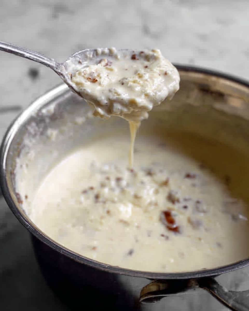 The image shows a thick creamy dish in a shiny metal pot. The dish is white with small brown bits mixed in, giving it texture. A metal spoon is lifting some of the creamy mixture above the pot, showing its thick but smooth texture with small lumps. The background is a white marbled surface. photo taken with an iphone --ar 4:5 --v 7