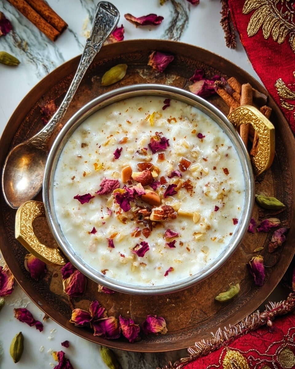 A close-up of a creamy, thick white dish with small beige and light brown pieces spread throughout. On top, there are crushed nuts with a mix of yellow, tan, and light brown colors, along with small dried red flower petals scattered around. The dish is served in a round white bowl with a golden handle on the side. The background has a white marbled texture with soft warm lighting highlighting the details of the dish. photo taken with an iphone --ar 4:5 --v 7
