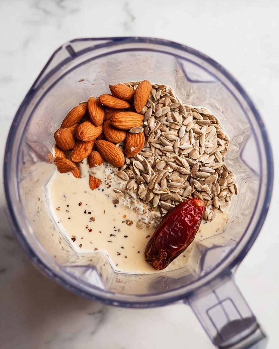 The image shows the inside of a blender jar with four visible layers of ingredients. At the bottom, there is a creamy beige liquid that takes up about half of the space with small dark specks in it. On the left side, medium brown almonds are sitting on top of the liquid, while to the right of the almonds, a large cluster of light brown sunflower seeds fills the middle part of the container. On the right side, a single shiny dark red date rests partly on the creamy liquid. The blender jar is clear with a hint of purple around the rim, and the background is a white marbled surface. Photo taken with an iphone --ar 4:5 --v 7