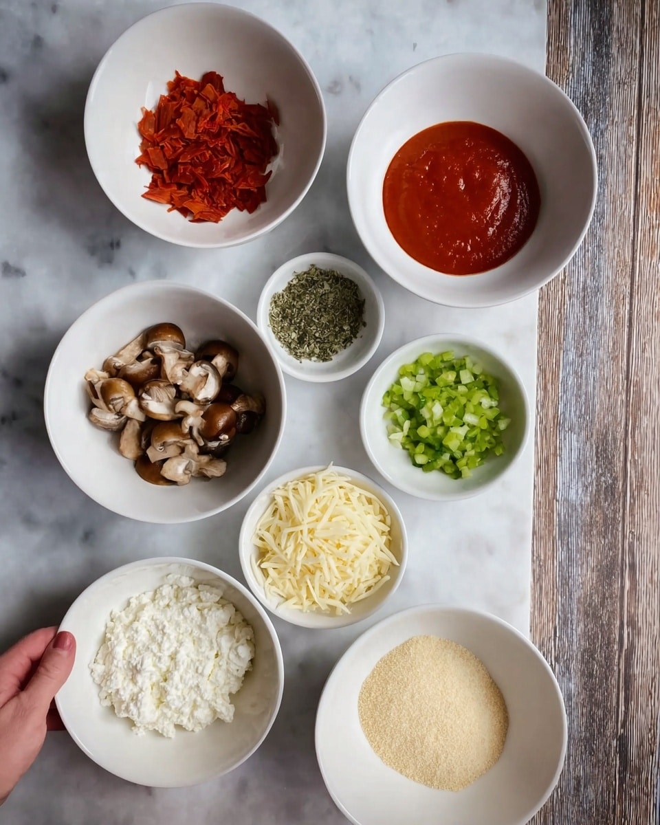 The image shows eight white bowls arranged closely on a white marbled surface. Starting from the top left, the first bowl contains thin, flat red flakes with a dry texture. Next to it, a small bowl holds a thick, smooth red sauce. To the right, another bowl is filled with small, bright green chopped pieces. Below them, in the center, there is a bowl with light-yellow shredded cheese, smooth and soft in texture. On the far left below the red flakes, a bowl contains chunks of cooked, brownish mushrooms with a moist texture. Next to it, a small bowl is filled with a fine green herb mix. To the right, a bowl holds a fine, light yellow powder with a dry texture. In the middle of the top row is a bowl filled with white, soft, and crumbly curd cheese. The bowls sit on the white marbled surface, and a woman's hand is partly visible holding the bowl with shredded cheese. photo taken with an iphone --ar 4:5 --v 7