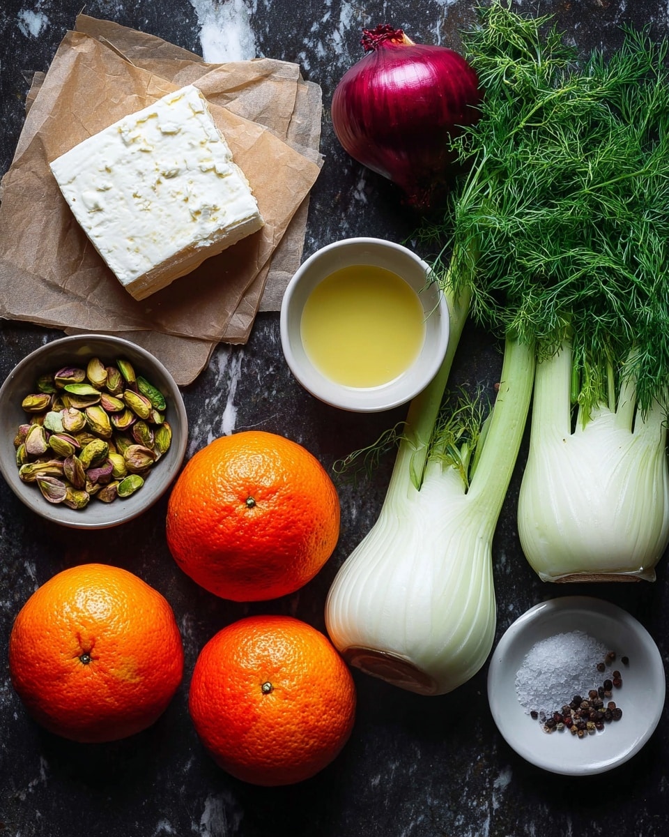The image shows fresh ingredients arranged on a dark surface modified to a white marbled texture. There are four bright orange blood oranges, two large white fennel bulbs with green stalks, a block of white cheese wrapped in brown paper, a small bunch of fresh green dill, a bowl of chopped pistachio nuts, a small white bowl of light yellow liquid, and a small white dish with coarse salt and whole black peppercorns. A purple onion is also placed near the top center. The scene is neat and vibrant, with a mix of earthy and fresh colors. photo taken with an iphone --ar 4:5 --v 7