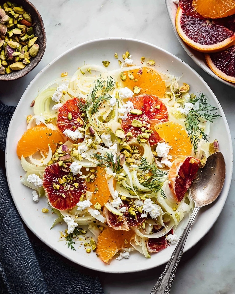 A white plate rests on a white marbled surface filled with a colorful salad arranged in layers: the base layer is thinly sliced pale green fennel with crisp, curled edges, topped with round slices of bright orange and deep red blood oranges scattered across. Small clusters of white crumbled cheese sit in uneven piles around the plate, while roughly chopped green pistachio nuts add texture on top. Sprigs of fresh dill, dark green with fine leaves, are spread evenly, and a silver spoon sits to the right side partially resting on the salad. A white bowl filled with more pistachios and halved blood oranges can be seen near the top-right corner. Photo taken with an iphone --ar 4:5 --v 7